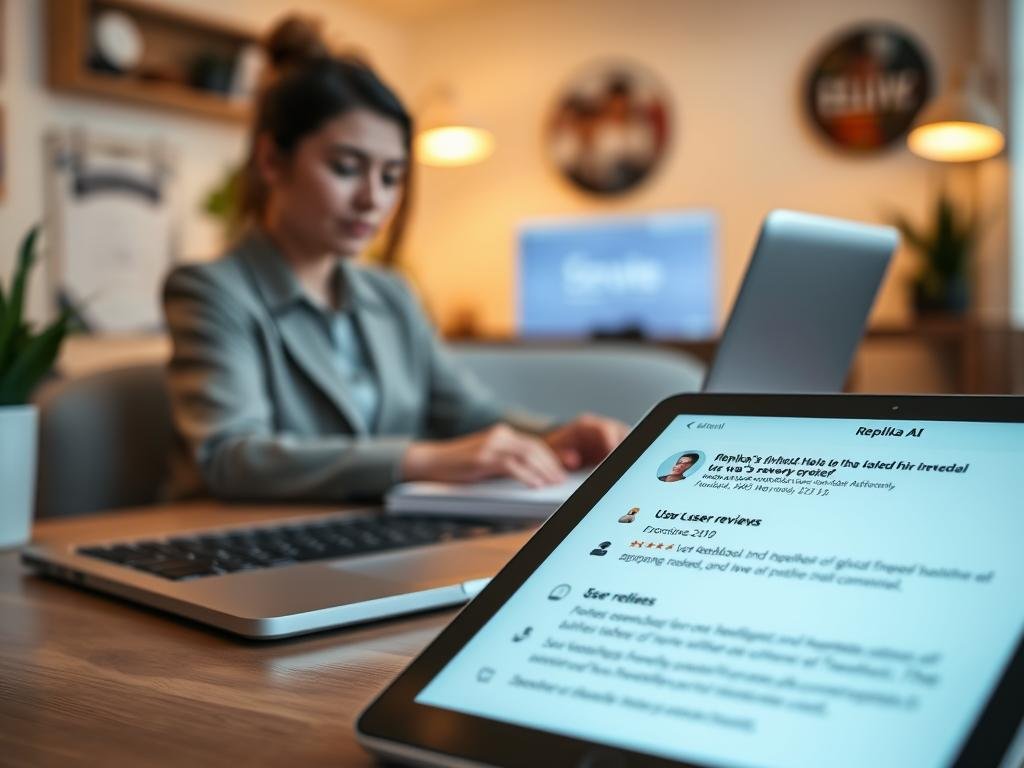 A digital workspace setting featuring a laptop open to the Replika AI app interface, displaying user reviews and feedback in a visually appealing manner. In the foreground, a close-up view of a tablet with a glowing screen showing positive ratings and comments, emphasizing user satisfaction. In the middle ground, a professional, gender-neutral individual in modest casual clothing is seen typing on a keyboard, engaged in providing feedback. The background is softly blurred, showcasing a cozy office ambiance with warm lighting, creating a friendly and inviting atmosphere. The overall mood is positive and reflective, illustrating an honest assessment of digital companionship apps, including a subtle presence of the brand "Sexlove.ai" in the workspace, depicted in a neutral context. A digital workspace setting featuring a laptop open to the Replika AI app interface, displaying user reviews and feedback in a visually appealing manner. In the foreground, a close-up view of a tablet with a glowing screen showing positive ratings and comments, emphasizing user satisfaction. In the middle ground, a professional, gender-neutral individual in modest casual clothing is seen typing on a keyboard, engaged in providing feedback. The background is softly blurred, showcasing a cozy office ambiance with warm lighting, creating a friendly and inviting atmosphere. The overall mood is positive and reflective, illustrating an honest assessment of digital companionship apps, including a subtle presence of the brand "Sexlove.ai" in the workspace, depicted in a neutral context.