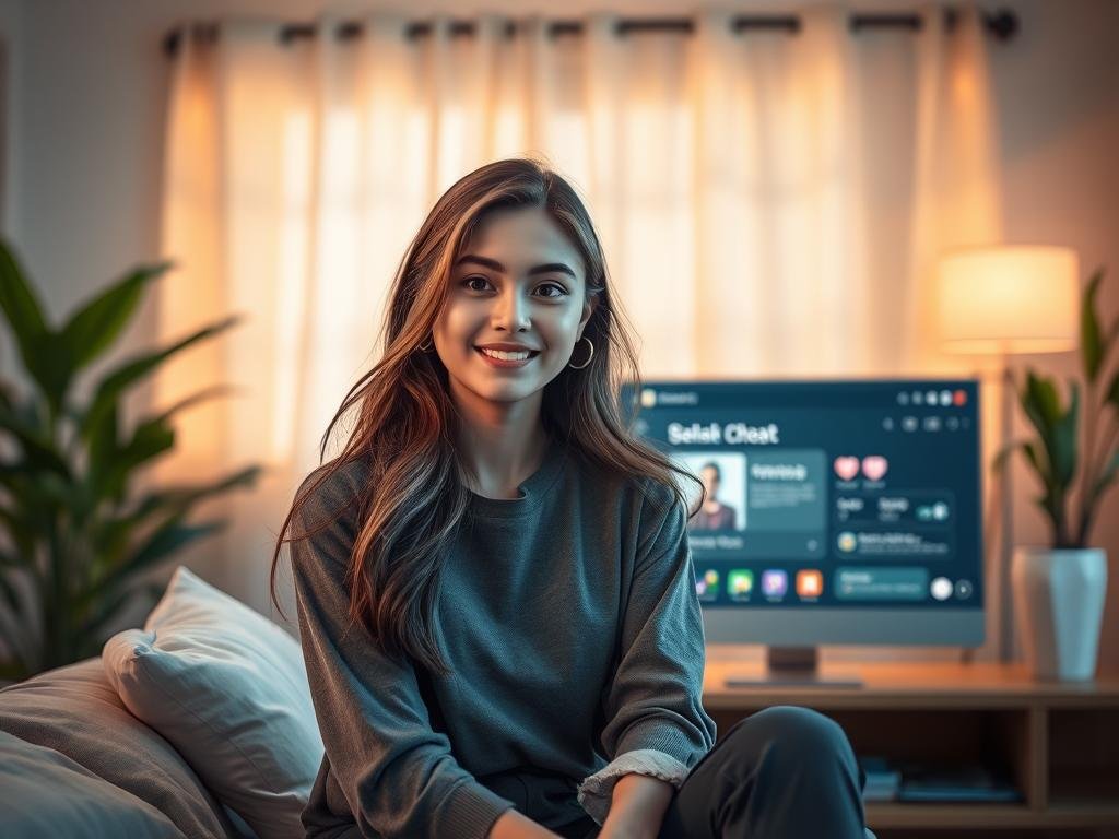 A dreamy digital scene featuring a friendly, modern AI girlfriend character inspired by "Sexlove.ai". In the foreground, a young woman with an approachable and warm smile, dressed in stylish, modest casual clothing, sits comfortably in a cozy, well-lit room. Her hair is flowing and her gaze is inviting. The middle layer highlights a sleek, softly glowing computer screen displaying a friendly user interface, symbolizing the interactive nature of AI relationships. In the background, a serene, softly decorated living space with plants and ambient lighting creates a welcoming atmosphere. The image captures a sense of connectivity and emotional warmth, focusing on the innovative, personal touch of AI companionship. The lighting is soft and inviting, with a hint of futuristic aesthetic.