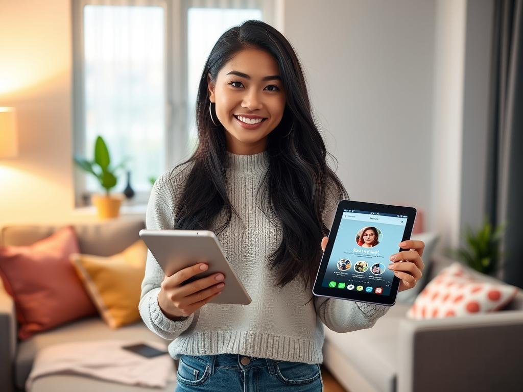 A friendly and charming Asian woman, embodying personality and warmth, stands confidently in a cozy, modern living room. She has long, flowing black hair and bright, expressive eyes, wearing a smart casual outfit that blends style with comfort: a light sweater and jeans. The foreground features her holding a tablet, showcasing the app "Sexlove.ai" with personalized interface elements visible. The middle ground includes a stylish couch adorned with colorful cushions, and a small indoor plant adding a touch of nature. The background consists of soft, ambient lighting from a nearby window, casting a warm glow, enhancing the inviting atmosphere. The scene radiates a sense of innovation and connection, perfectly portraying the theme of creating a customized AI girlfriend.