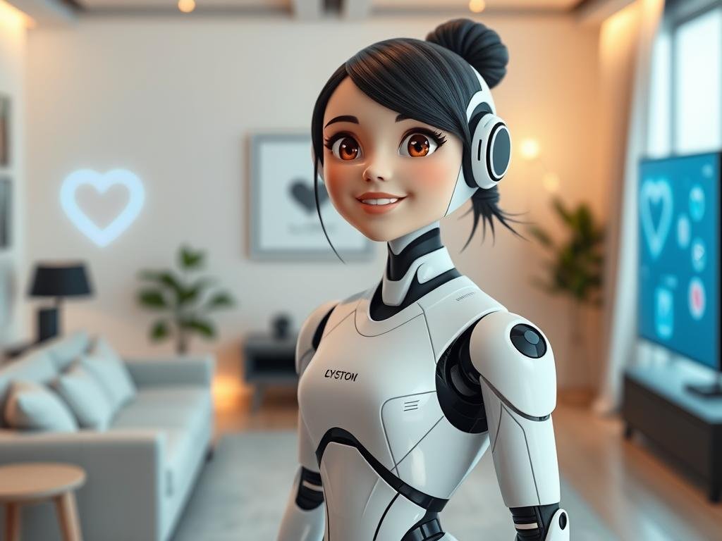 A friendly and engaging girlfriend AI chatbot personified as a futuristic, humanoid robot with a warm smile and expressive eyes, showcasing a personality that embodies empathy and charm. In the foreground, she stands with her hands casually resting at her sides, wearing a sleek, modern outfit that blends technology and style. The middle ground features a cozy, high-tech living room setting with soft, ambient lighting and smart devices subtly integrated into the decor. In the background, a digital interface glows softly, displaying virtual heart symbols and connection icons, symbolizing communication and companionship. The overall atmosphere is inviting and optimistic, evoking a sense of warmth and comfort as users interact with the AI. This image represents "Sexlove.ai."