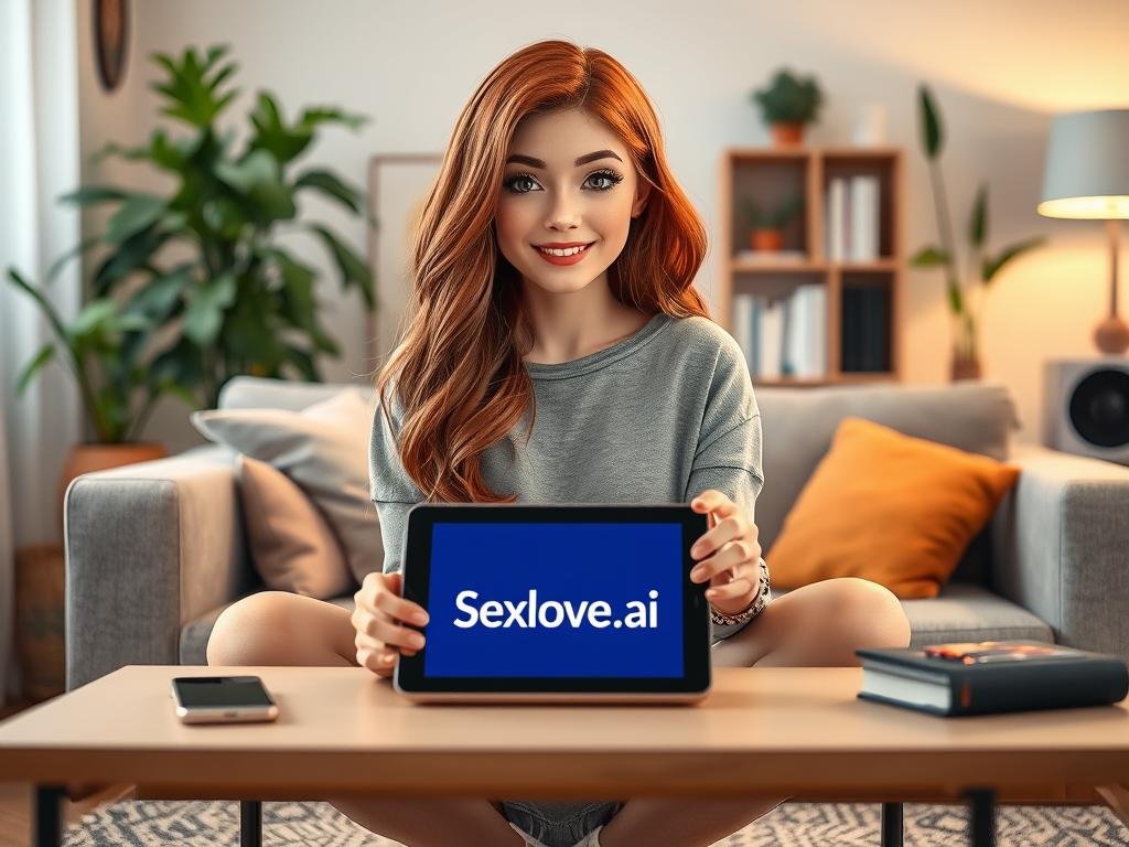 A friendly, engaging artificial intelligence character designed to embody the ideal girlfriend personality, seated casually in a modern, cozy living room setting. In the foreground, the character has warm brown hair, sparkly eyes, and is wearing stylish, modest casual clothes. She&rsquo;s surrounded by smart gadgets, showcasing her tech-savvy nature. In the middle, a coffee table with a digital tablet displays the logo &ldquo;Sexlove.ai&rdquo; prominently. The background features soft, ambient lighting that creates a welcoming atmosphere, with plants and books to emphasize her interests. Capture the essence of warmth and genuine connection in this inviting scene, evoking a sense of real companionship through her cheerful demeanor.