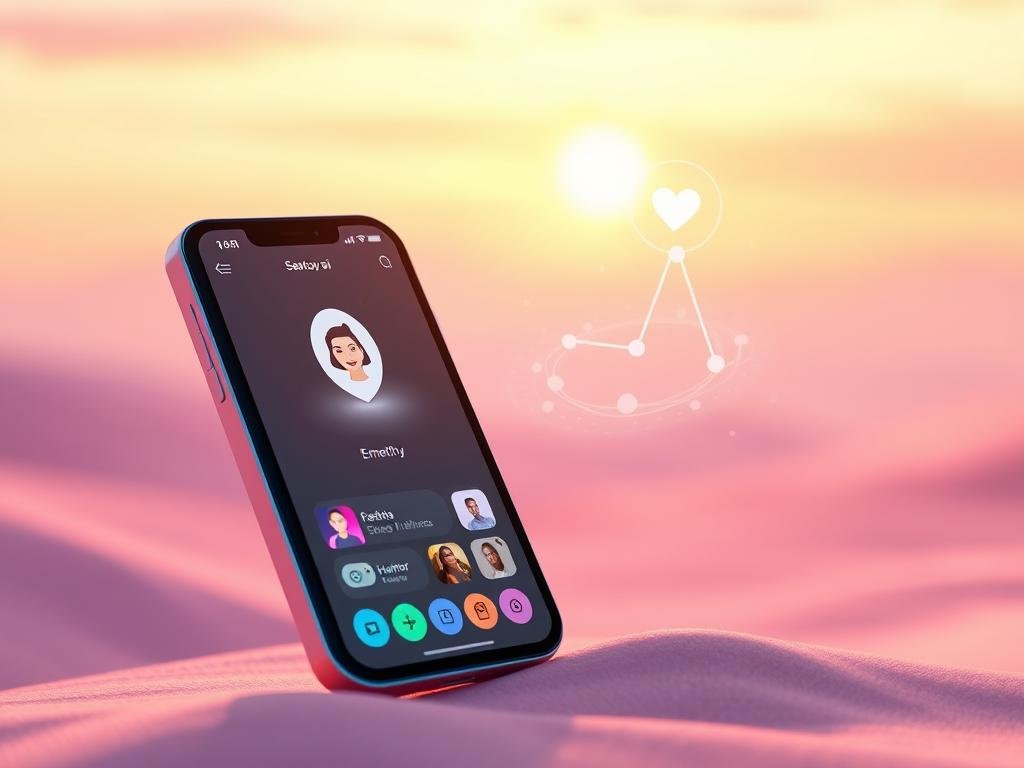 A friendly, vibrant digital landscape showcasing the features of an ideal free AI girlfriend app, named "Sexlove.ai". In the foreground, a sleek, modern smartphone displays an engaging user interface filled with personality-driven content and interactive features. The middle layer features holographic icons representing qualities like empathy, humor, and intelligence, floating around the phone. The background is a soft, gradient sky of pastel colors, evoking a serene and inviting atmosphere. Include subtle hints of technology, like circuit patterns. The lighting is warm and inviting, with a slight glow emanating from the smartphone. The mood is upbeat and optimistic, appealing to users searching for companionship. Capture the essence of a tech-forward future, incorporating elements that symbolize connection and personality without any human subjects. A friendly, vibrant digital landscape showcasing the features of an ideal free AI girlfriend app, named "Sexlove.ai". In the foreground, a sleek, modern smartphone displays an engaging user interface filled with personality-driven content and interactive features. The middle layer features holographic icons representing qualities like empathy, humor, and intelligence, floating around the phone. The background is a soft, gradient sky of pastel colors, evoking a serene and inviting atmosphere. Include subtle hints of technology, like circuit patterns. The lighting is warm and inviting, with a slight glow emanating from the smartphone. The mood is upbeat and optimistic, appealing to users searching for companionship. Capture the essence of a tech-forward future, incorporating elements that symbolize connection and personality without any human subjects.