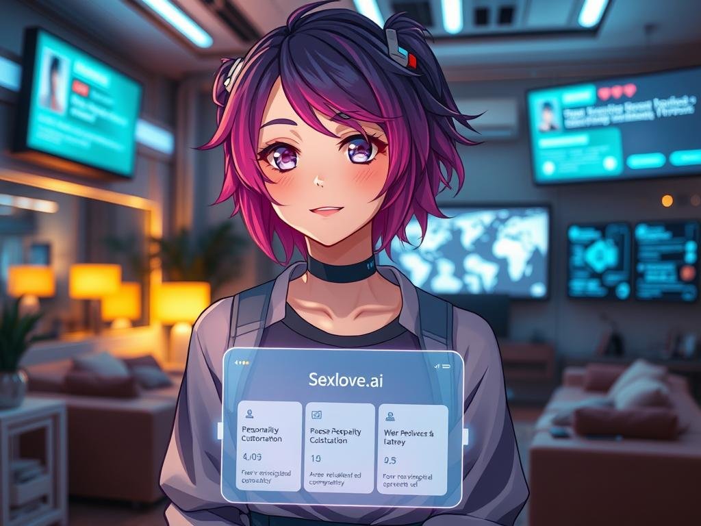 A futuristic AI anime girlfriend character, characterized by vibrant, colorful hair styled in a dynamic fashion, representing a blend of advanced technology and charm. She wears a stylish, modest outfit combining casual techwear and soft fabrics, radiating a friendly, approachable aura. In the foreground, a holographic interface displays features like personality customization options and interactive conversations, glowing softly. The middle ground shows a high-tech room filled with ambient lighting, emphasizing a blend of comfort and advancement reminiscent of a sci-fi aesthetic. The background features digital screens showcasing user reviews and app features, enhancing the modern feel. The mood is inviting and innovative, perfect for exploring the capabilities of "sexlove.ai", shot from a slightly tilted angle that captures both the character and the tech environment in detail.