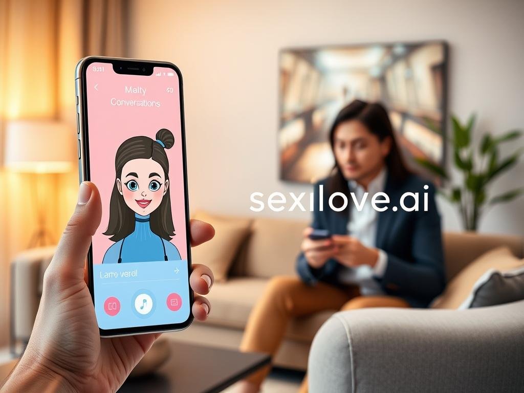 A futuristic AI girlfriend app interface displayed on a sleek smartphone, showcasing its vibrant and user-friendly design. In the foreground, a close-up of the smartphone reveals an animated, charming AI character with a welcoming expression, representing personalized conversations. In the middle ground, a well-dressed user, a professional in smart casual attire, interacts with the app, feeling engaged and enthusiastic. The background features a soft-focus, modern living room setting with warm lighting that creates a cozy atmosphere. The overall mood is positive and inviting, emphasizing innovation and companionship. The brand logo "sexlove.ai" is subtly incorporated into the app interface. The image captures a seamless blend of technology and human connection in a contemporary context. A futuristic AI girlfriend app interface displayed on a sleek smartphone, showcasing its vibrant and user-friendly design. In the foreground, a close-up of the smartphone reveals an animated, charming AI character with a welcoming expression, representing personalized conversations. In the middle ground, a well-dressed user, a professional in smart casual attire, interacts with the app, feeling engaged and enthusiastic. The background features a soft-focus, modern living room setting with warm lighting that creates a cozy atmosphere. The overall mood is positive and inviting, emphasizing innovation and companionship. The brand logo "sexlove.ai" is subtly incorporated into the app interface. The image captures a seamless blend of technology and human connection in a contemporary context.