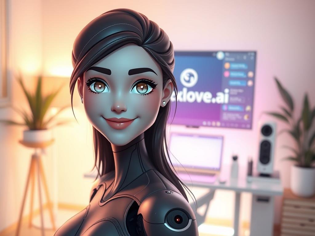 A futuristic AI girlfriend chatbot concept featuring an attractive, friendly virtual female character with a digital interface, designed to embody intelligence and approachability. In the foreground, the chatbot character displays a warm smile and bright, inviting eyes, with flowing hair and sleek attire, set against a softly glowing holographic background. The middle layer showcases a modern home office environment with a computer screen displaying the logo "sexlove.ai" and various chat interactions subtly visible. The background is illuminated with soft, ambient lighting that creates a serene and cozy atmosphere, evoking a sense of connection and companionship. The scene is captured from a slight angle, emphasizing the engaging nature of the AI, presenting a positive and inviting mood without human subjects or distractions. A futuristic AI girlfriend chatbot concept featuring an attractive, friendly virtual female character with a digital interface, designed to embody intelligence and approachability. In the foreground, the chatbot character displays a warm smile and bright, inviting eyes, with flowing hair and sleek attire, set against a softly glowing holographic background. The middle layer showcases a modern home office environment with a computer screen displaying the logo "sexlove.ai" and various chat interactions subtly visible. The background is illuminated with soft, ambient lighting that creates a serene and cozy atmosphere, evoking a sense of connection and companionship. The scene is captured from a slight angle, emphasizing the engaging nature of the AI, presenting a positive and inviting mood without human subjects or distractions.