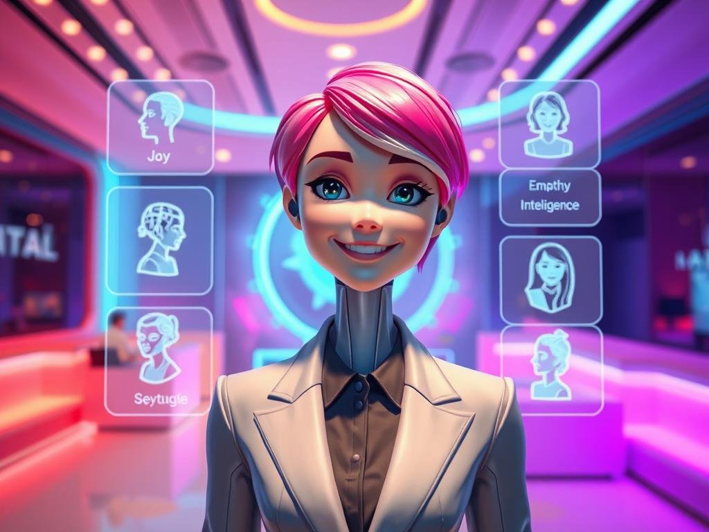 A futuristic AI girlfriend concept representing diverse personality features in a vibrant, modern setting. In the foreground, depict a friendly, humanoid AI character with expressive facial features and an inviting smile, dressed in a stylish yet professional outfit. The character should have vibrant hair color and an ethereal glow around them to symbolize digital innovation. In the middle ground, include holographic interface elements showcasing personality traits like joy, empathy, and intelligence, adding a tech-inspired touch. The background features a sleek virtual environment with soft, ambient lighting, creating an inviting and warm atmosphere. The overall mood is friendly and approachable, highlighting the unique, engaging qualities of "Sexlove.ai". Use a wide-angle lens perspective to emphasize depth and connection.
