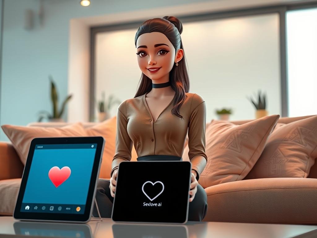 A futuristic AI girlfriend designed to embody warmth and approachability, standing confidently in a modern, stylish room. She has a friendly smile and expressive eyes that convey a sense of understanding and companionship. Dressed in a modest yet chic outfit, she sits casually on a plush sofa, surrounded by soft pillows and ambient lighting. In the foreground, a sleek tablet is visible, displaying a user-friendly interface with a heart symbol, suggesting her personalized nature. The middle ground features tasteful decorations that evoke a cozy atmosphere&mdash;soft pastel colors and a few potted plants. In the background, a large window lets in gentle, natural light, enhancing the serene mood. This image, representing the essence of the brand "Sexlove.ai", captures the relatable yet sophisticated nature of AI companionship.