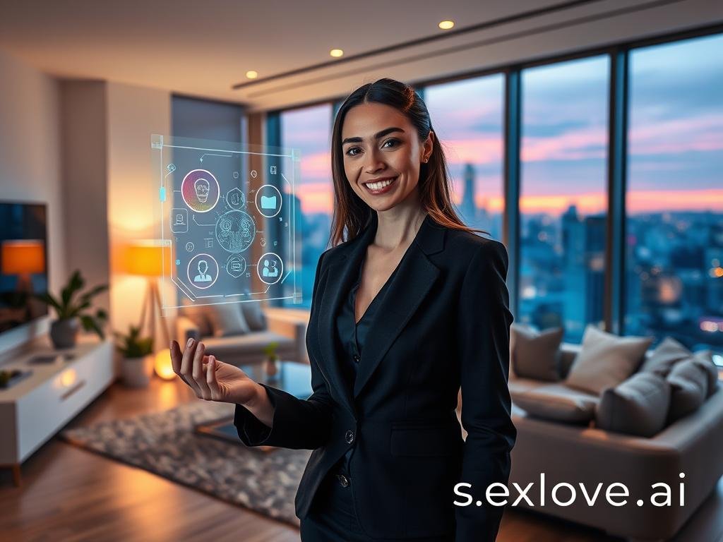 A futuristic AI girlfriend experience in a sleek, modern apartment setting. In the foreground, a friendly, stylish woman with an engaging smile, dressed in professional business attire, interacts with a holographic interface displaying digital elements. Her appearance is warm and inviting, embodying the concept of advanced AI companionship. In the middle ground, a cozy living area with soft lighting creates an intimate atmosphere, featuring contemporary furniture and ambient decorations. The background reveals a city skyline through large windows, illuminated by a vibrant sunset, adding depth and a sense of connectivity to the modern world. The overall mood is optimistic and innovative, emphasizing the new era of AI interactions and companionship, embodied by the brand name "sexlove.ai".