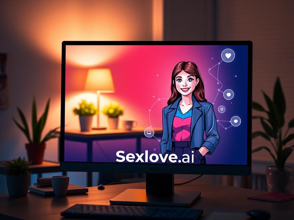 A futuristic AI girlfriend generator interface, showcasing a sleek, high-tech design on a computer screen. In the foreground, the screen displays a vibrant digital avatar, a friendly and engaging female character with an inviting smile, dressed in modern casual clothing that is both professional and stylish. The middle ground features a cozy workspace with a warm glow from a desk lamp, surrounded by potted plants and personal items, suggesting a friendly and comfortable atmosphere. The background has subtle hints of technology, like abstract holographic elements floating around, representing the AI's capabilities. Soft, ambient lighting casts gentle shadows, creating a serene mood that emphasizes innovation and personalization. The brand "Sexlove.ai" is subtly integrated into the design of the interface without being a focal point, ensuring a clean, professional presentation.