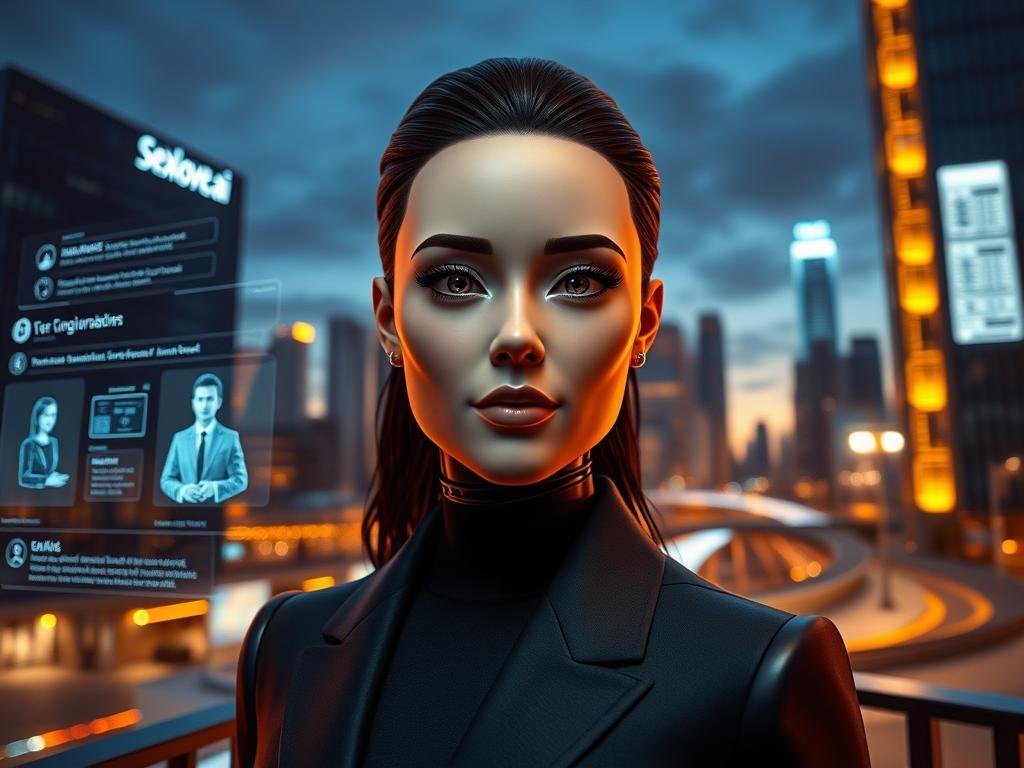 A futuristic AI girlfriend inspired by Elon Musk, featuring sleek, cutting-edge designs and high-tech aesthetics. In the foreground, a humanoid robot with an elegant, friendly face, dressed in professional business attire, with soft facial features and expressive eyes. The middle ground showcases a futuristic, interactive interface displaying various features of the AI, including holographic screens projecting user interaction tools and innovations. The background depicts a modern tech cityscape at dusk, with neon lights and advanced architecture reflecting innovation. Warm, ambient lighting creates an inviting atmosphere. Capture this scene using a wide-angle lens to emphasize the character's features and the depth of the environment. Incorporate the brand name "sexlove.ai" subtly in the interactive interface without explicit branding.