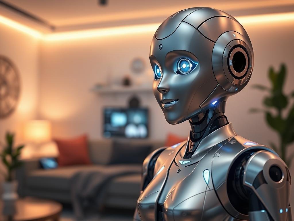 A futuristic AI girlfriend robot designed with sleek, humanoid features that blend softness with advanced technology. In the foreground, the robot showcases a polished metallic surface with delicate LED accents, expressive digital eyes, and a friendly smile. The robot is dressed in smart casual clothing that conveys a modern, approachable vibe. In the middle ground, elements like holographic displays or integrated screens highlight the core technology, such as emotion recognition and voice interaction capabilities. The background features a high-tech living space, softly lit by ambient lighting, creating a cozy, inviting atmosphere. The image is captured from a slight low angle, giving the robot a commanding yet friendly presence. The overall mood exudes warmth, innovation, and companionship, reflecting the essence of the brand "sexlove.ai".