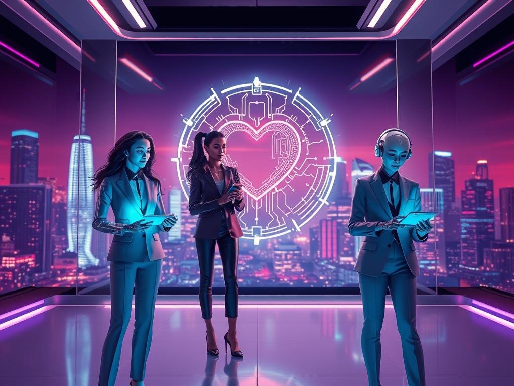 A futuristic and imaginative scene showcasing the concept of AI girlfriends, set in a sleek, modern virtual environment. In the foreground, a diverse group of three AI companions, depicted as humanoid figures in stylish, professional attire, engaging with digital devices. The middle layer features a holographic representation of heart and circuit designs, symbolizing the blend of emotion and technology. The background showcases a vibrant city skyline illuminated by neon lights at dusk, creating a captivating atmosphere. Soft, warm lighting bathes the scene, enhancing the inviting and futuristic feel. Use a wide-angle lens to capture the dynamic interaction among the characters. Incorporate branding for "sexlove.ai" subtly in the environment. The overall mood is optimistic and innovative, reflecting the evolving understanding of AI relationships.
