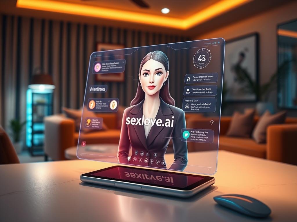 A futuristic and sleek AI girlfriend chatbot interface displayed on a modern digital device, such as a tablet or smartphone, set on a stylish desk. The foreground features a visually appealing holographic projection of a friendly, approachable female avatar with a soft, inviting expression, dressed in professional business attire. The middle layer showcases a rich, glowing interface with various interactive features like conversation prompts and mood adjustments, subtly highlighting its core functionalities. In the background, a warm, cozy room adorned with plush furniture, ambient lighting, and tech-inspired decor creates an inviting atmosphere. The lighting is soft and diffused, emphasizing the welcoming nature of the AI companion, with a focus on the brand name "sexlove.ai” displayed prominently within the interface. The overall mood is friendly and innovative, appealing to users seeking companionship and interaction. A futuristic and sleek AI girlfriend chatbot interface displayed on a modern digital device, such as a tablet or smartphone, set on a stylish desk. The foreground features a visually appealing holographic projection of a friendly, approachable female avatar with a soft, inviting expression, dressed in professional business attire. The middle layer showcases a rich, glowing interface with various interactive features like conversation prompts and mood adjustments, subtly highlighting its core functionalities. In the background, a warm, cozy room adorned with plush furniture, ambient lighting, and tech-inspired decor creates an inviting atmosphere. The lighting is soft and diffused, emphasizing the welcoming nature of the AI companion, with a focus on the brand name "sexlove.ai” displayed prominently within the interface. The overall mood is friendly and innovative, appealing to users seeking companionship and interaction.