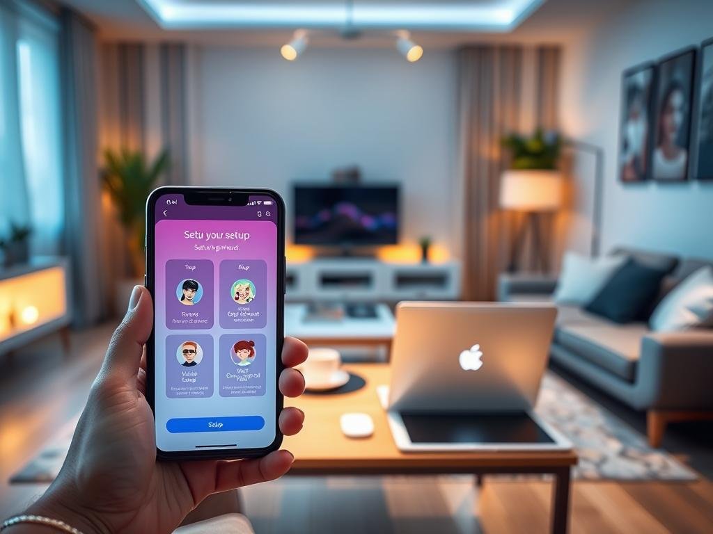 A futuristic and sleek interface showcasing the setup process of the "sexlove.ai" AI virtual girlfriend app. In the foreground, a smartphone displays an engaging, user-friendly app screen with colorful icons and a step-by-step setup guide. The middle ground features a well-lit desk with a laptop and tablet, symbolizing modern technology; a cozy, calming ambiance is created by soft warm lighting. In the background, a stylish living room with minimalistic decor enhances the atmosphere of comfort and innovation. Use a shallow depth of field to focus on the smartphone while softly blurring the background. The mood is optimistic and inviting, illustrating the excitement of beginning an AI journey.