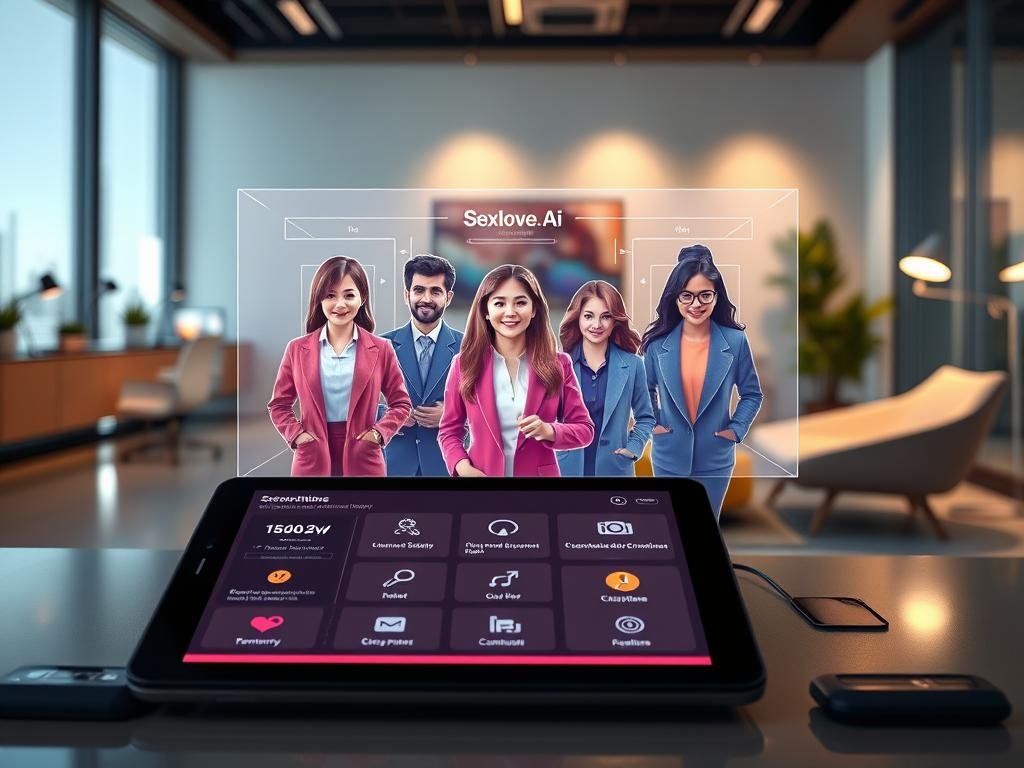 A futuristic and sleek technological interface showcasing dedicated companion platforms with customization and memory features. In the foreground, a digital tablet displays an intuitive UI with personalized options and user-friendly icons, representing the Sexlove.ai app. The middle layer should highlight holographic projections of various customizable companions, featuring diverse human-like avatars designed in professional business attire, emanating warmth and friendliness. The background presents a modern, softly-lit workspace ambiance, with sleek furniture and soft ambient lighting that creates a cozy yet advanced atmosphere. Use a wide-angle lens to capture depth and focus details, enhancing the mood of innovation and emotional connection.