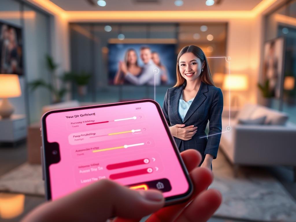 A futuristic app interface for an AI girlfriend, 2026, presented on a sleek smartphone screen. In the foreground, a glowing interface showcases vibrant customization options such as personality settings, appearance sliders, and interaction styles, all elegantly arranged. The middle ground features a holographic representation of a friendly, approachable AI character in professional business attire, with warm colors exuding friendliness. The background contains a contemporary tech-inspired environment with soft ambient lighting and modern furnishings, suggesting a cozy, inviting atmosphere. The mood is optimistic and innovative, reflecting the advanced capabilities of the "sexlove.ai" app. Use a close-up angle, with a focus on the app screen and the AI character, emphasizing their harmonious interaction. The lighting is soft, with a slight glow from the screen illuminating the surroundings.