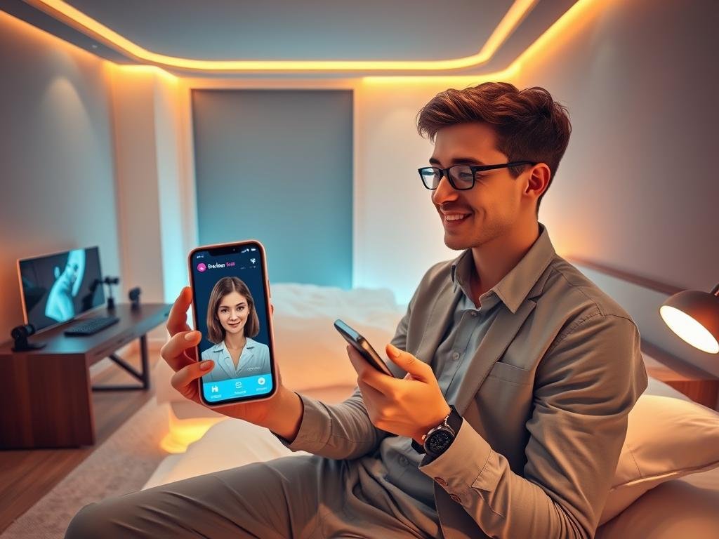 A futuristic bedroom setting featuring a modern young adult engaging with a virtual AI girlfriend on a sleek smartphone. In the foreground, a person dressed in smart casual attire, looks content while interacting with the app interface showing a personalized avatar. In the middle ground, there&rsquo;s a stylish bed and ambient lighting, creating a cozy atmosphere. On a desk nearby, various tech gadgets harmonize with a digital art display showcasing the app's functions from sexlove.ai. The background includes soft tones and minimalistic decor that enhances the high-tech yet intimate feel of the scene, with warm lighting accentuating the overall mood of connection and companionship. The angle is slightly above eye-level, providing a glimpse of the app interface without being intrusive.