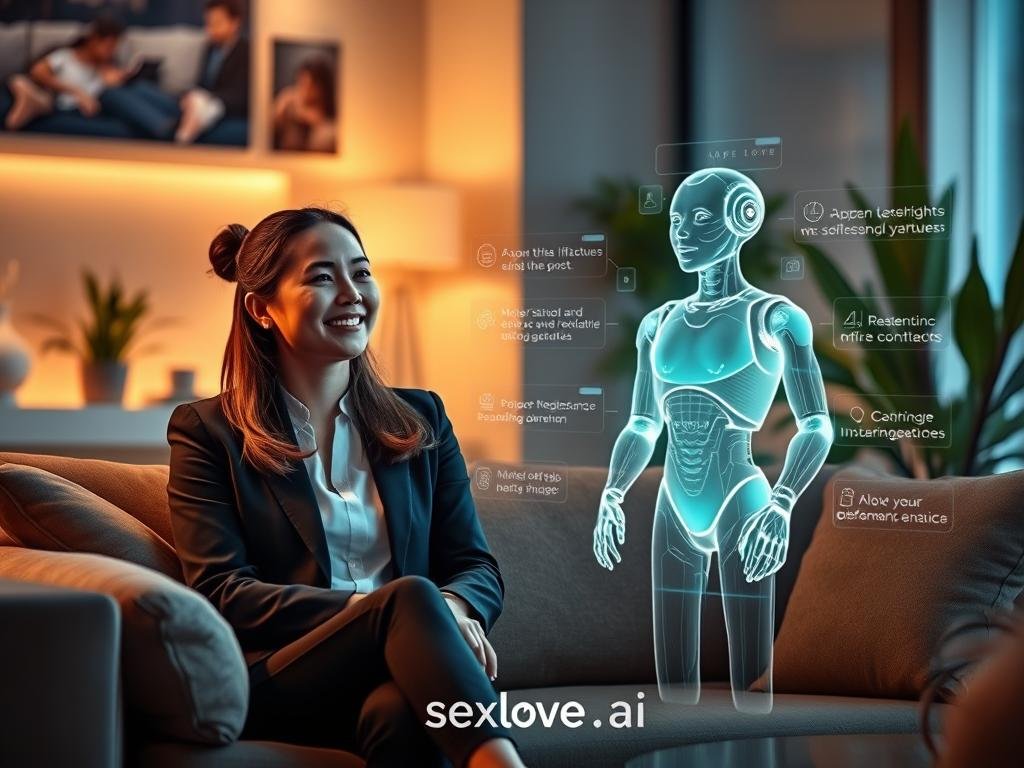 A futuristic, cozy living room setting where a young woman engages in a relaxing conversation with a holographic AI companion, both appearing friendly and approachable. The woman is dressed in professional business attire, with a warm smile, seated comfortably on a stylish sofa. The AI figure, glowing softly with a digital interface, features gentle animations indicating interaction. The background showcases modern decor with soft ambient lighting, warm colors, and plants, creating a welcoming atmosphere. A virtual display nearby highlights app features and benefits in a sleek, unobtrusive manner. The scene captures a sense of connection and innovation, emphasizing the delightful experience of AI companionship. The brand name "sexlove.ai" is subtly integrated into the digital interface.