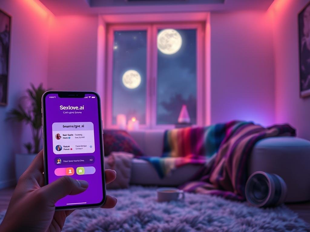 A futuristic, cozy room with soft, ambient lighting creates an inviting atmosphere for an AI dream girlfriend experience. The foreground features a sleek smartphone displaying a user interface of the "Sexlove.ai" app, with a gentle glow illuminating the screen. In the middle ground, a plush sofa is adorned with a colorful throw blanket, hinting at comfort and warmth. Intimate details like a steaming cup of tea and a small speaker add to the conversational ambience. In the background, a window shows a starlit night sky, with moonlight streaming in to enhance the peaceful setting. The overall mood is relaxed and intimate, suggesting deep, meaningful conversations that feel authentic and engaging. The image captures the essence of genuine connection through technology, inviting viewers to imagine themselves immersed in this captivating experience.