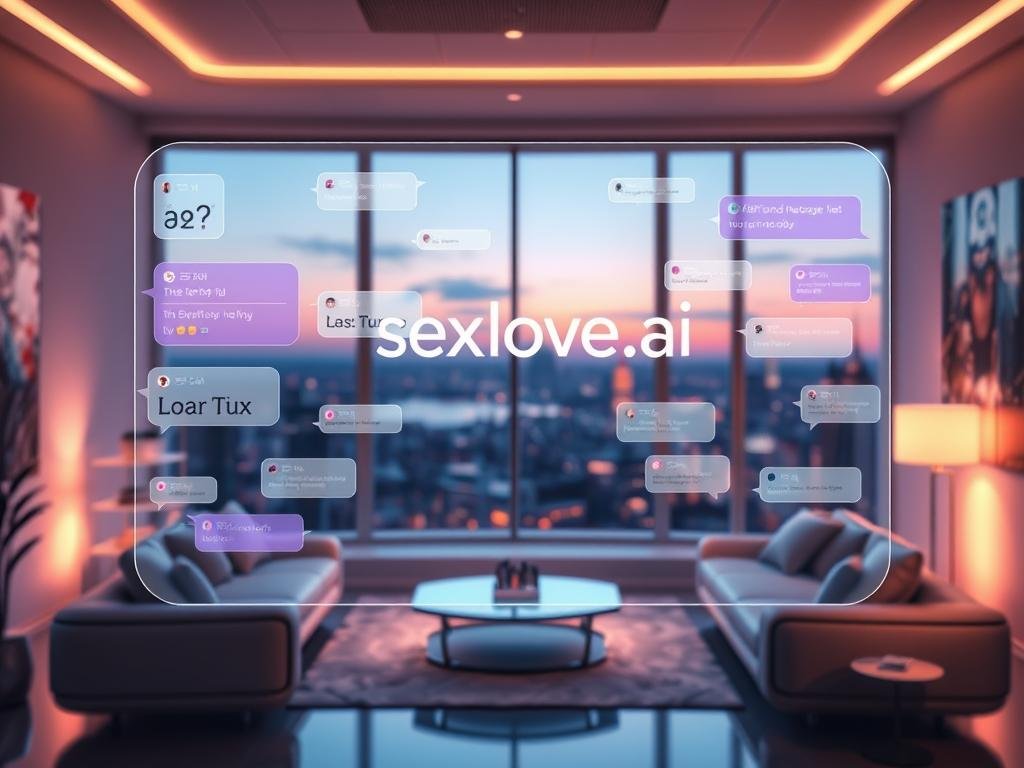 A futuristic digital assistant with a friendly and approachable design, representing the concept of an "AI Girlfriend Unlimited Messages." In the foreground, a sleek holographic interface displays various chat bubbles filled with colorful messages, showcasing the unlimited communication feature. The middle ground features a stylized, modern living room with soft, ambient lighting that conveys a cozy atmosphere, complete with futuristic furniture and technology. In the background, a window reveals a serene cityscape under a twilight sky, enhancing the mood of connection and companionship. The lighting is warm and inviting, emphasizing the relationship aspect of the AI. The brand logo "sexlove.ai" is subtly integrated into the design of the holographic interface, blending seamlessly with the overall aesthetic.