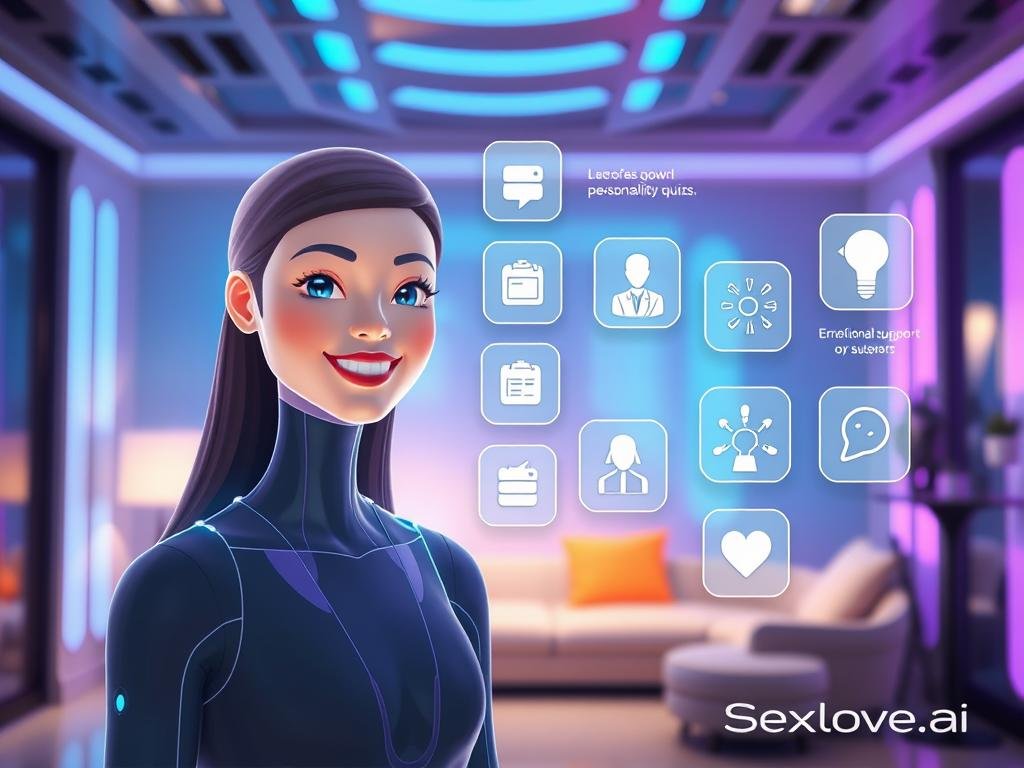 A futuristic digital conversation interface showcasing various features of "AI girlfriend" applications. In the foreground, a sleek, holographic representation of an AI avatar with friendly facial features and a warm smile, wearing modern, stylish attire. In the middle, multiple floating icons representing interactive features like chat options, personality quizzes, and emotional support gestures, all visually interconnected. The background features a softly illuminated virtual room with a calming, tech-inspired aesthetic, incorporating blue and purple light hues to create an inviting atmosphere. The image should have a slightly blurred depth of field effect, drawing focus to the AI avatar and conversation elements. Overall, the mood is engaging and optimistic, portraying the essence of digital companionship supported by the brand Sexlove.ai.