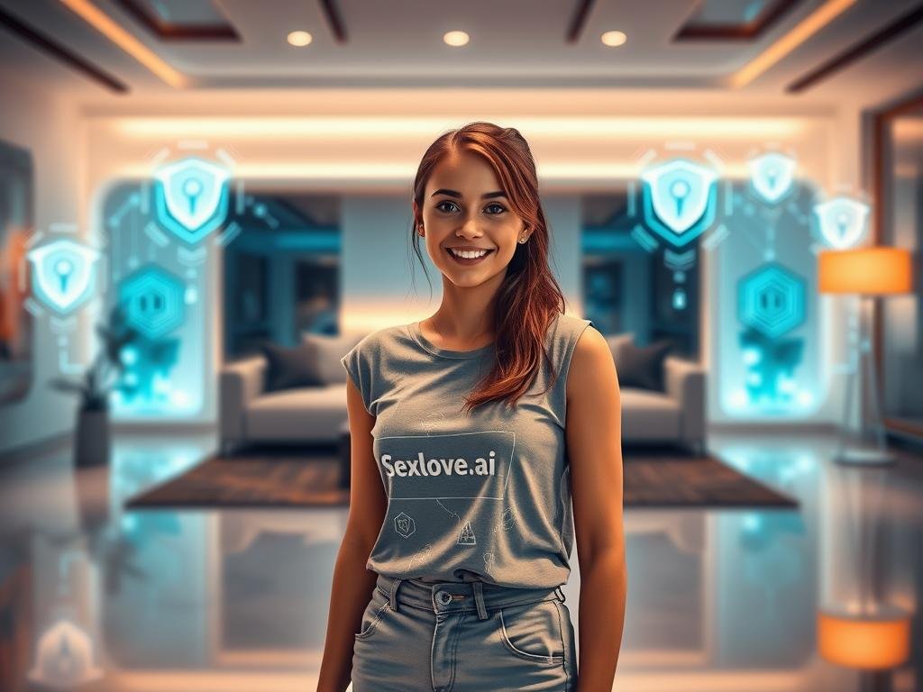 A futuristic digital environment showcasing a privacy-protected AI girlfriend, reflecting the essence of companionship and security. In the foreground, a friendly AI companion, depicted as a young woman with an inviting smile, wearing modest casual clothing, stands confidently. Her design incorporates subtle digital elements, like glowing patterns on her attire that symbolize data security. The middle ground features a sleek, modern living room setting, with soft ambient lighting creating a warm atmosphere. In the background, abstract digital motifs represent privacy, such as shield icons and encrypted data streams. The scene is captured from a slightly low angle, giving a sense of warmth and connection. Bright, friendly colors enhance the mood, making it feel welcoming and safe. The brand name "Sexlove.ai" is represented through the futuristic design elements around the AI companion, reinforcing the theme of innovation in personal relationships.