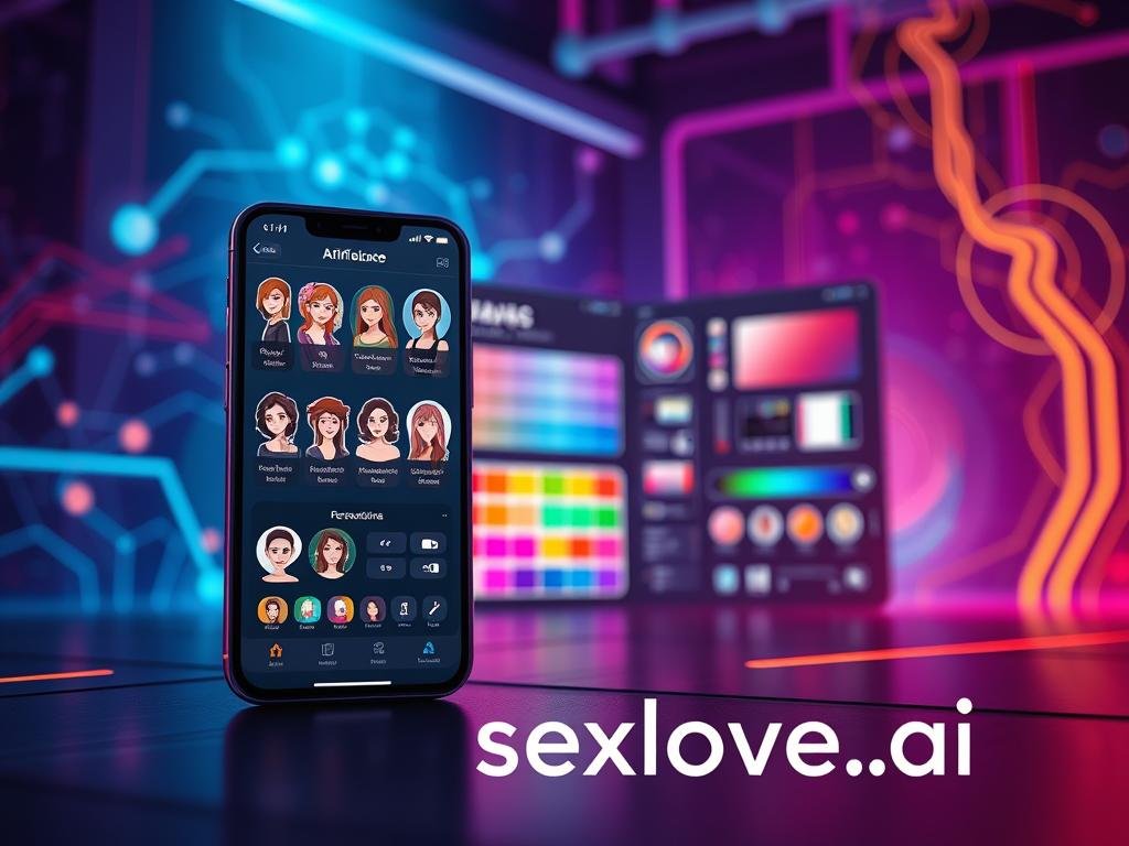 A futuristic digital environment showcasing an AI girlfriend app customization interface. In the foreground, a sleek smartphone displays diverse personalization options, including avatars and conversations. The middle ground features a digital workspace filled with vibrant color palettes and design tools, highlighting user-friendly features for customizing personality traits and appearances. In the background, abstract representations of AI technology, like neural networks and data streams, create a vivid atmosphere. Soft, dynamic lighting casts an inviting glow, emphasizing a contemporary, tech-savvy feel. The overall mood is engaging and innovative, appealing to users seeking personalized AI experiences. Include the brand name "sexlove.ai" subtly integrated into the design elements, ensuring it complements the artistic vision without overwhelming it.