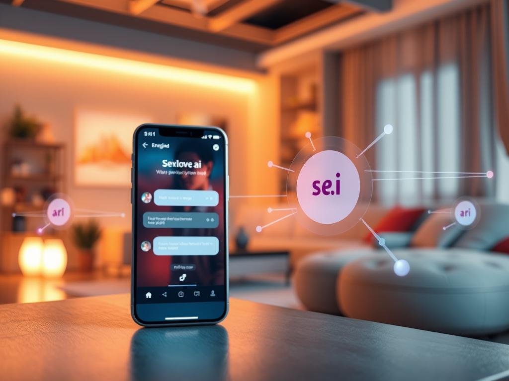 A futuristic digital interface illustrating a personalized AI conversation experience, showcasing a warm and inviting virtual environment. In the foreground, a sleek smartphone displays an engaging AI chat interface with a user-friendly design, featuring the brand logo "sexlove.ai". The middle ground features abstract elements representing data flow and AI connections, depicted with glowing lines and soft holographic shapes to signify seamless interaction. The background displays a soft-focus living space, bathed in warm ambient light, suggesting a cozy atmosphere for engaging conversations. Use a wide-angle lens effect to capture the immersive experience, with soft highlights to evoke a sense of intimacy and connection, suitable for a contemporary audience. The overall mood is friendly, tech-savvy, and approachable. A futuristic digital interface illustrating a personalized AI conversation experience, showcasing a warm and inviting virtual environment. In the foreground, a sleek smartphone displays an engaging AI chat interface with a user-friendly design, featuring the brand logo "sexlove.ai". The middle ground features abstract elements representing data flow and AI connections, depicted with glowing lines and soft holographic shapes to signify seamless interaction. The background displays a soft-focus living space, bathed in warm ambient light, suggesting a cozy atmosphere for engaging conversations. Use a wide-angle lens effect to capture the immersive experience, with soft highlights to evoke a sense of intimacy and connection, suitable for a contemporary audience. The overall mood is friendly, tech-savvy, and approachable.