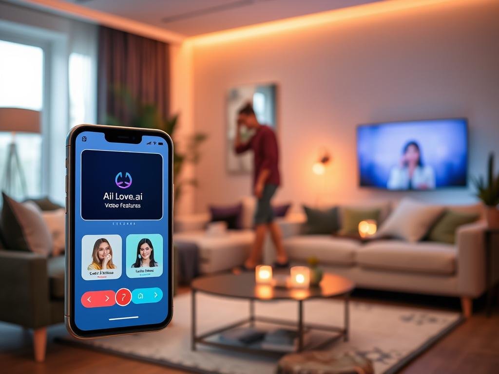 A futuristic digital interface showcasing "AI girlfriend video features" on a sleek mobile app displayed prominently in the foreground. The app screen features a vibrant, interactive design with user-friendly navigation icons and virtual girlfriend avatars, all set against a soft-focus background of a cozy, well-lit modern living space. Mood lighting enhances the atmosphere, creating an inviting ambiance with warm tones. The camera angle is slightly above eye level, capturing the app in detail while hinting at a user in the background, casually dressed in a smart-casual outfit, engaged with the app. The logo "sexlove.ai" subtly appears on the app's screen. This composition illustrates the key features and benefits of AI girlfriend videos, conveying a sense of innovation and connection. A futuristic digital interface showcasing "AI girlfriend video features" on a sleek mobile app displayed prominently in the foreground. The app screen features a vibrant, interactive design with user-friendly navigation icons and virtual girlfriend avatars, all set against a soft-focus background of a cozy, well-lit modern living space. Mood lighting enhances the atmosphere, creating an inviting ambiance with warm tones. The camera angle is slightly above eye level, capturing the app in detail while hinting at a user in the background, casually dressed in a smart-casual outfit, engaged with the app. The logo "sexlove.ai" subtly appears on the app's screen. This composition illustrates the key features and benefits of AI girlfriend videos, conveying a sense of innovation and connection.