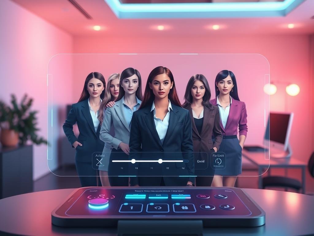 A futuristic digital interface showcasing "Customizable Companion Options" for an AI relationship platform, sexlove.ai. In the foreground, a sleek, holographic display featuring avatars of diverse companions in professional business attire, with customizable traits like hair color, style, and outfits. The middle ground contains a digital control panel with sliders and buttons for customization, illuminated by soft blue and purple lights, creating a tech-savvy atmosphere. The background features a modern, minimalist workspace, blending seamlessly with the digital theme and enhanced by warm ambient lighting. The overall mood is inviting, innovative, and approachable, reflecting the personalization and versatility of the AI companions available.