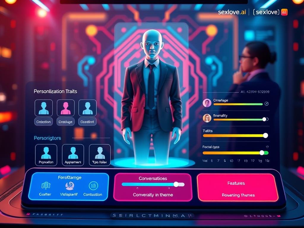 A futuristic digital interface showcasing "Customization Options for AI Companion" by sexlove.ai, with vibrant colors and a sleek design. In the foreground, display several customizable features such as avatar designs, personality traits, and conversation themes, presented as interactive buttons and sliders. The middle layer features a holographic representation of a friendly AI companion, modeled in professional business attire and exuding an approachable demeanor. The background includes a soft-focus tech-inspired environment with glowing circuit patterns and data visuals, illuminated by soft, ambient lighting to create an inviting atmosphere. Capture the scene with a slightly elevated angle to emphasize the interface and human-AI interaction while maintaining a sense of warmth and accessibility. A futuristic digital interface showcasing "Customization Options for AI Companion" by sexlove.ai, with vibrant colors and a sleek design. In the foreground, display several customizable features such as avatar designs, personality traits, and conversation themes, presented as interactive buttons and sliders. The middle layer features a holographic representation of a friendly AI companion, modeled in professional business attire and exuding an approachable demeanor. The background includes a soft-focus tech-inspired environment with glowing circuit patterns and data visuals, illuminated by soft, ambient lighting to create an inviting atmosphere. Capture the scene with a slightly elevated angle to emphasize the interface and human-AI interaction while maintaining a sense of warmth and accessibility.
