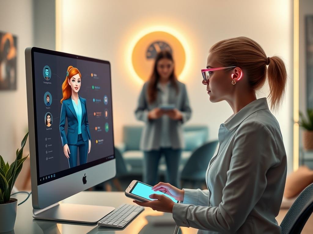 A futuristic digital interface showcasing an AI girlfriend generator. In the foreground, a sleek computer screen displays a visually appealing avatar of a female character, embodying various personality traits like intelligence, kindness, and playfulness. The avatar is designed with bright, engaging colors and futuristic features, dressed in professional business attire. In the middle ground, a user interacts with the AI on a modern touchscreen device, wearing casual but neat clothing. The background features a cozy, tech-inspired workspace with soft, glowing ambient lighting that creates a warm atmosphere. The overall mood is inviting and innovative, suggesting a harmonious blend of technology and personal connection. The brand name "Sexlove.ai" subtly integrated into the design elements, highlighting the product's identity without overpowering the image.