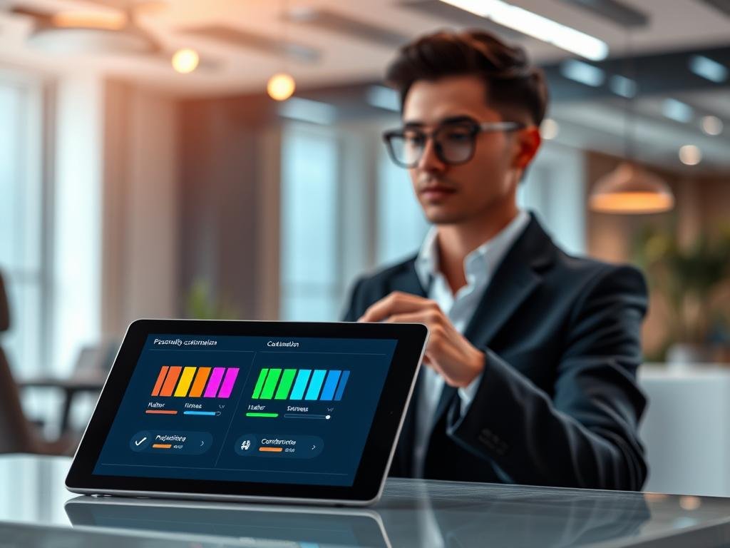 A futuristic digital interface showcasing personality customization options for an AI companion, inspired by the theme of "Sexlove.ai." In the foreground, a sleek tablet displays colorful sliders and icons representing various personality traits like humor, kindness, and confidence. The middle ground portrays a thoughtful, stylish individual in professional attire, interacting with the tablet, offering a sense of engagement and creativity. The background features a softly lit modern workspace, with ambient lighting creating a warm and inviting atmosphere. Use a shallow depth of field to focus on the tablet and the individual, while maintaining a blurred view of the workspace. The overall mood is innovative and inspirational, emphasizing the personalization journey of creating the ideal AI companion.