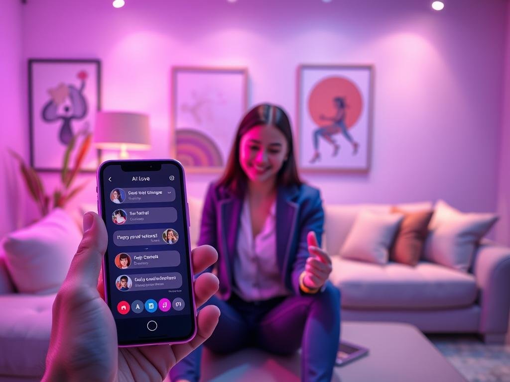 A futuristic digital interface showcasing the "AI girlfriend" app experience by sexlove.ai. In the foreground, a sleek smartphone displays an interactive application with vibrant UI elements such as chat options, virtual companion avatars, and customizable features. The middle layer features a young professional in smart casual attire, engaged with the app, smiling at the screen in a cozy and modern living space. Soft ambient lighting creates a warm atmosphere, illuminated by gentle hues from the device. In the background, a stylized living room with abstract art and plush furniture emphasizes comfort and modernity. The overall mood is inviting and upbeat, reflecting an innovative virtual companionship journey.