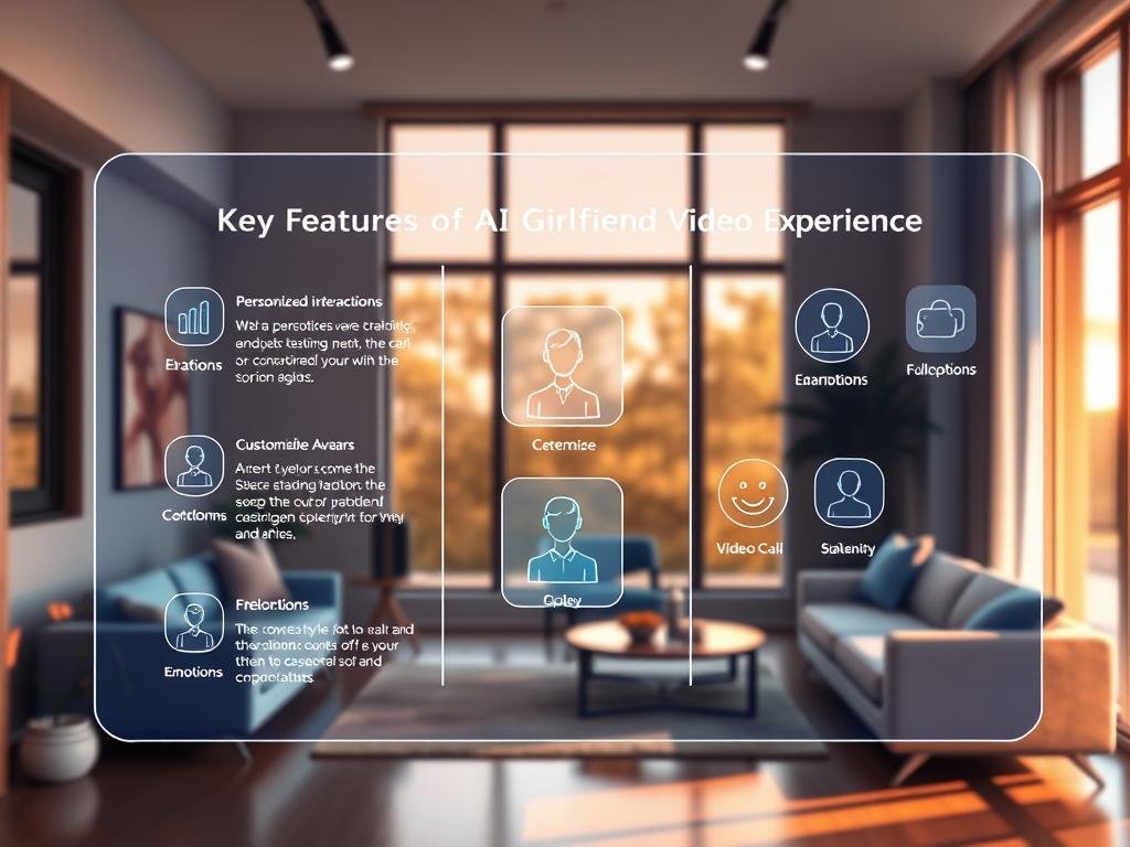 A futuristic digital interface showcasing the "Key Features of AI Girlfriend Video Experience" for the app sexlove.ai. In the foreground, a sleek, transparent touch screen displays various features like personalized interactions, virtual companionship, and customizable avatars. The middle ground features semi-transparent floating icons representing emotions, chat options, and video call functionality. The background is a serene, modern living space with soft lighting, featuring comfortable furniture and a calming atmosphere. Golden hour sunlight filters through large windows, casting gentle shadows. The overall mood is inviting and tech-savvy, emphasizing the blend of advanced technology and emotional connection. The image should be vibrant, engaging, and professional, with no human figures present. A futuristic digital interface showcasing the "Key Features of AI Girlfriend Video Experience" for the app sexlove.ai. In the foreground, a sleek, transparent touch screen displays various features like personalized interactions, virtual companionship, and customizable avatars. The middle ground features semi-transparent floating icons representing emotions, chat options, and video call functionality. The background is a serene, modern living space with soft lighting, featuring comfortable furniture and a calming atmosphere. Golden hour sunlight filters through large windows, casting gentle shadows. The overall mood is inviting and tech-savvy, emphasizing the blend of advanced technology and emotional connection. The image should be vibrant, engaging, and professional, with no human figures present.