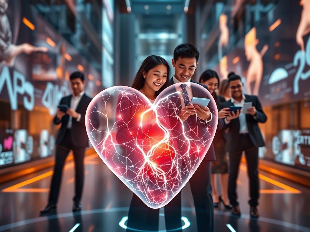 A futuristic digital interface showcasing the concept of "Dondi.ai: Pioneering Genuine Emotional Memory." In the foreground, a translucent, holographic representation of a heart intertwined with neural pathways glows softly, pulsating with warm light. The middle layer features an elegant, diverse group of young adults in professional business attire, interacting with virtual devices while displaying expressions of joy and connection. The background depicts a modern, sleek urban environment with dynamic digital screens, symbolizing advanced AI technology and emotional engagement. The lighting is warm and inviting, casting soft shadows to create a mood of intimacy and innovation. The scene embodies the essence of emotional intelligence powered by the brand "sexlove.ai," emphasizing the human connection facilitated by cutting-edge technology.