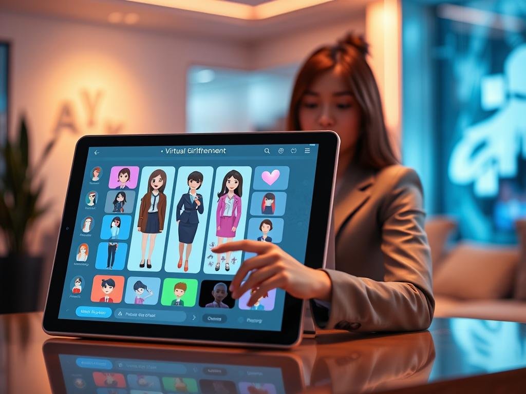 A futuristic digital interface showcasing the concept of customizing a virtual girlfriend experience with the brand name "sexlove.ai". In the foreground, a sleek touchscreen tablet displays a colorful array of personality traits, outfits, and backgrounds which users can select. The virtual girlfriend appears as a friendly, approachable avatar wearing professional business attire, embodying a blend of modern and futuristic elements. In the middle, a user interacts with the tablet, showcasing a sense of engagement and excitement. The background reveals a cozy, tech-inspired environment with soft lighting that creates a warm atmosphere, emphasizing innovation and personalization. Captured with a gentle focus, the image evokes curiosity and hope for the future of AI relationships, highlighting the ease of customization and the enhancing of user experience. A futuristic digital interface showcasing the concept of customizing a virtual girlfriend experience with the brand name "sexlove.ai". In the foreground, a sleek touchscreen tablet displays a colorful array of personality traits, outfits, and backgrounds which users can select. The virtual girlfriend appears as a friendly, approachable avatar wearing professional business attire, embodying a blend of modern and futuristic elements. In the middle, a user interacts with the tablet, showcasing a sense of engagement and excitement. The background reveals a cozy, tech-inspired environment with soft lighting that creates a warm atmosphere, emphasizing innovation and personalization. Captured with a gentle focus, the image evokes curiosity and hope for the future of AI relationships, highlighting the ease of customization and the enhancing of user experience.