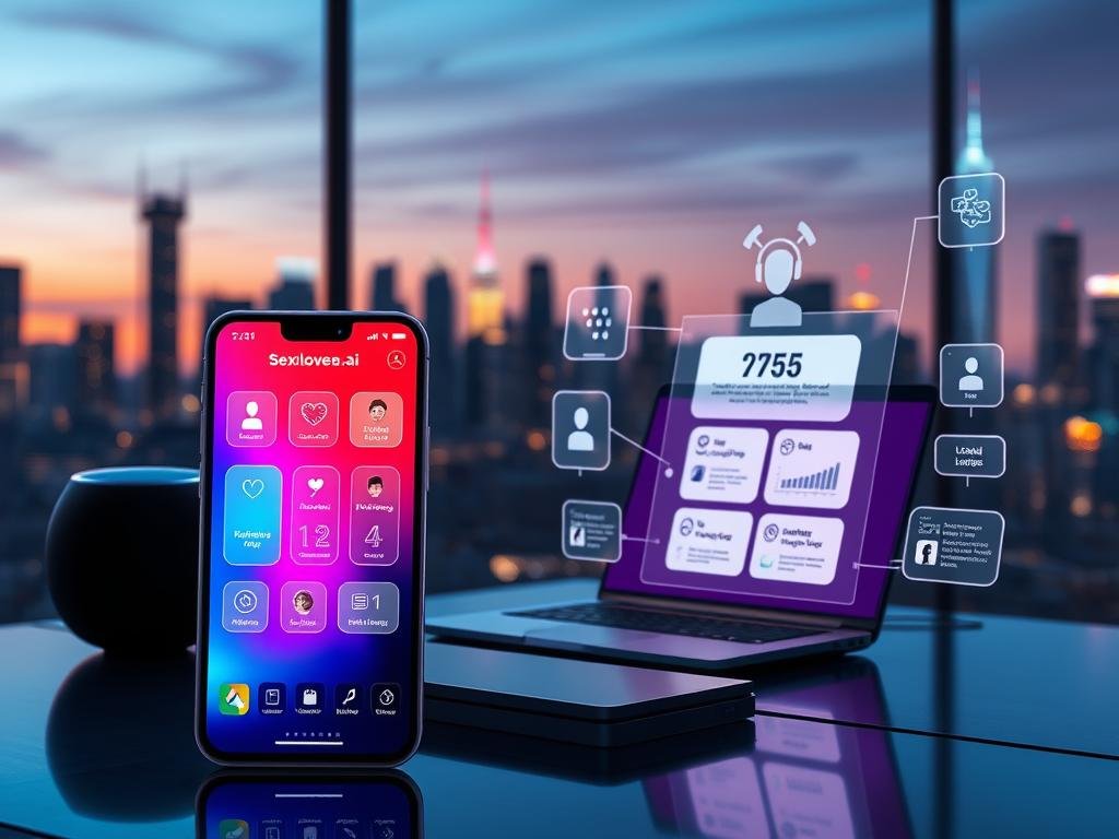 A futuristic digital interface showcasing the key features of the best AI girlfriend app in 2026, branded as "sexlove.ai." In the foreground, a sleek smartphone displaying the app's vibrant and user-friendly interface, highlighting innovative features like personalized conversations, emotion recognition, and virtual companionship. The middle ground features a modern workspace with a stylish laptop, smart speakers, and digital holograms illustrating communication options and relationship analytics. In the background, a city skyline at twilight with neon lights, evoking a tech-savvy atmosphere. The lighting is soft yet dynamic, casting an inviting glow over the scene. The overall mood is innovative and engaging, emphasizing the future of virtual companionship in a professional setting.