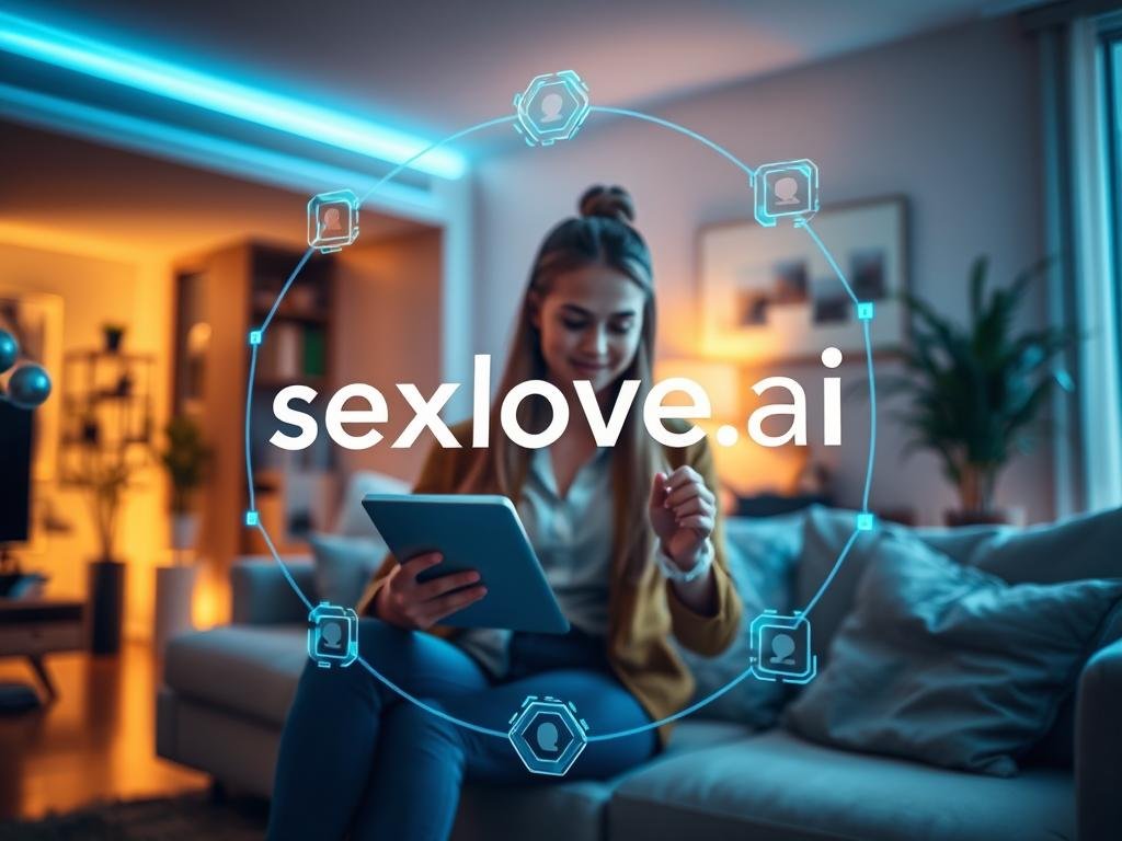 A futuristic digital interface showcasing the logo of "sexlove.ai" prominently in the foreground, surrounded by holographic elements representing virtual companionship. The middle layer features a person engaging with an AI girlfriend app on a sleek tablet, depicted with warm, welcoming light, dressed in smart casual attire. In the background, a modern, cozy home environment with soft ambient lighting enhances the atmosphere of comfort and connection. The mood is optimistic and inviting, suggesting companionship and technological advancement. Use a soft focus lens effect, capturing the essence of innovation in 2026. The scene reflects a blend of technology and human warmth, illustrating the concept of virtual relationships in a positive light.