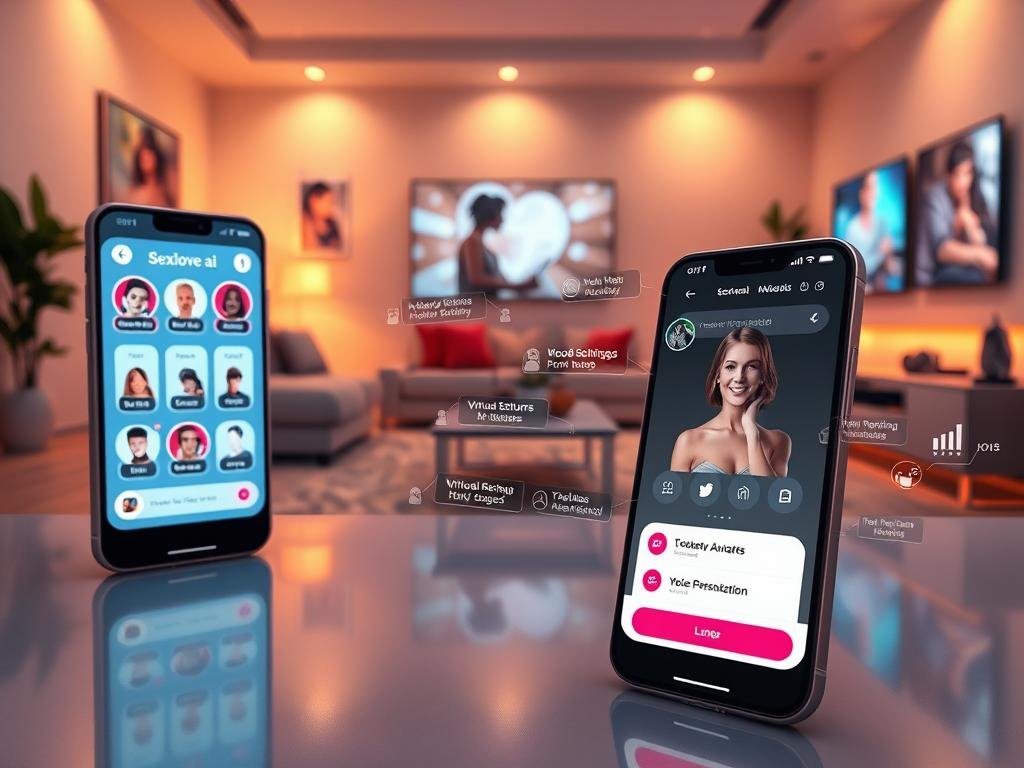 A futuristic digital interface showcasing the "sexlove.ai" AI virtual girlfriend app in 2026. In the foreground, a sleek smartphone displays the app's vibrant, user-friendly interface, featuring customizable avatars, virtual reality options, and interactive chat functions. In the middle ground, a cozy, tech-infused living room setting with soft ambient lighting creates a welcoming atmosphere, accentuated by modern furniture and holographic projections of features like mood settings and voice personalization. The background features a wall-mounted screen illustrating romance-themed digital imagery, enhancing the futuristic vibe. The entire scene is illuminated with soft, warm light, suggesting a blend of technology and intimacy, evoking a sense of connection and personalization.
