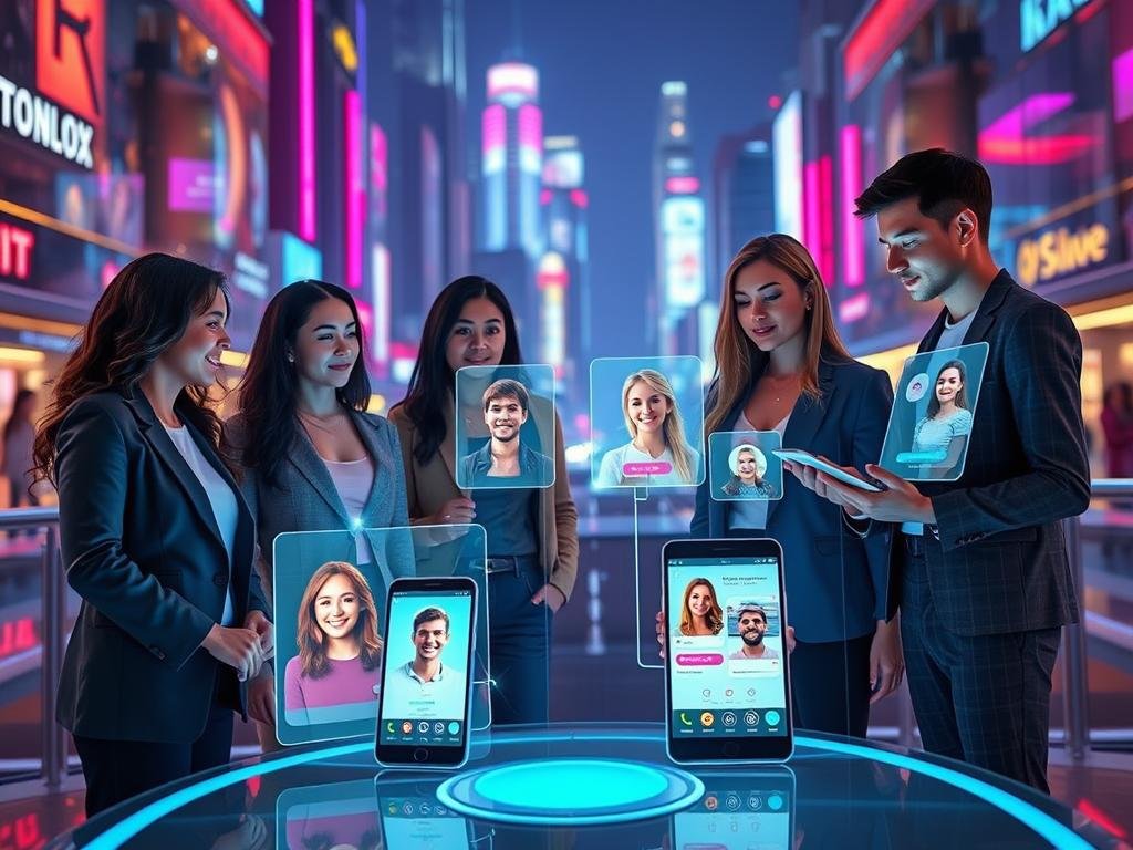 A futuristic digital interface showcasing the "sexlove.ai" application for AI girlfriend chats, with a vibrant, user-friendly design. In the foreground, a diverse group of four young adults, dressed in modern professional attire, are interacting with holographic displays of AI avatars that exhibit warmth and personality. In the middle, sleek smartphones and tablets showcase the app, featuring dynamic profiles and interactive features that hint at deep emotional connections. The background reveals a futuristic cityscape with bright neon lights and floating screens displaying positive interactions and engagement. The scene is illuminated with soft, diffused lighting, creating an inviting and optimistic atmosphere. Use a wide-angle perspective to capture the immersive environment while maintaining a balance between technology and human connection in the year 2026.
