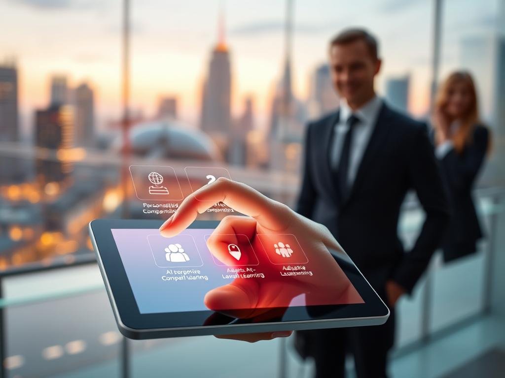 A futuristic digital interface showcasing the unique features of sexlove.ai, highlighted on a sleek, modern tablet screen. In the foreground, a hand is elegantly interacting with the touchscreen, revealing vibrant icons for personalized chat, AI companionship, and adaptive learning features. The middle layer features a blurred, dynamic cityscape in the background, symbolizing a connection to the modern world. Soft, ambient lighting creates a welcoming atmosphere, with digital binary patterns subtly integrated into the backdrop. The mood is innovative and enticing, inviting viewers to explore the advanced AI capabilities of the application. Ensure professionalism by representing individuals in business attire, conveying a sense of trust and quality.