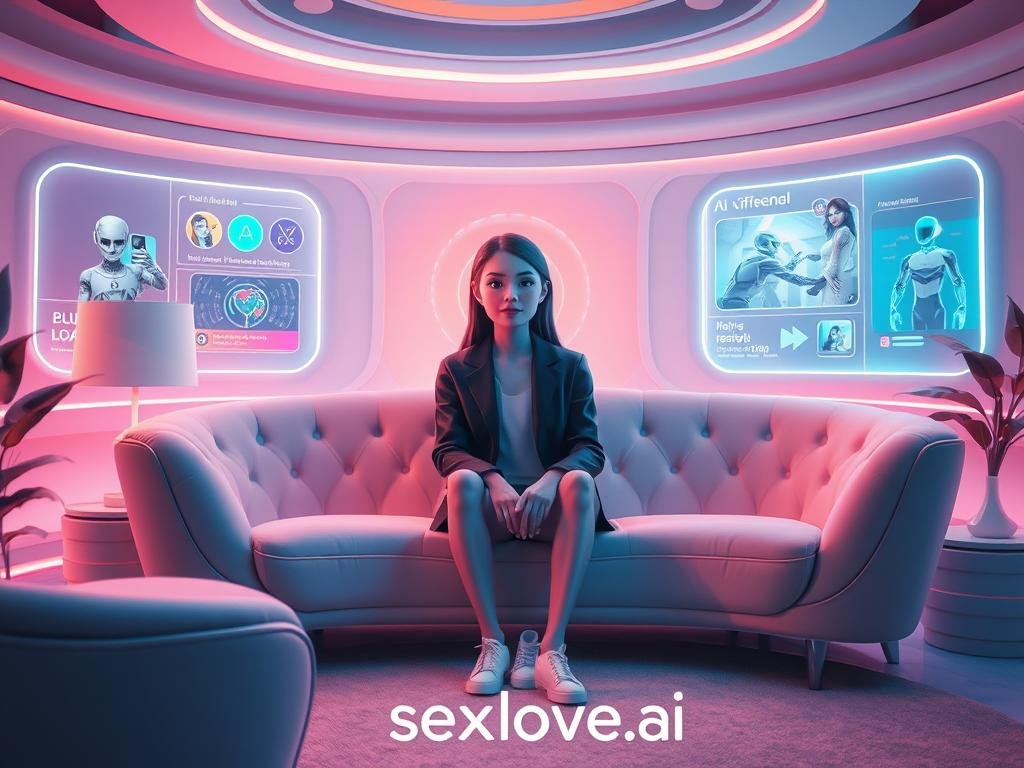 A futuristic, digital landscape featuring a cozy virtual lounge setting with a lifelike AI girlfriend character sitting on a plush sofa. The character should have an approachable, friendly expression, dressed in smart casual attire, embodying a blend of technological allure and warmth. The room is illuminated by soft, ambient lighting, creating a welcoming atmosphere. In the background, vibrant holographic displays showcase different features and functionalities of AI girlfriend platforms, emphasizing the theme of no login requirements. The environment is sleek and modern, with futuristic design elements, including smooth curves and glowing accents. The brand logo "sexlove.ai" subtly integrated into the scene enhances the tech-savvy feel without overshadowing the main focus. The overall mood is light, inviting, and innovative, suggesting exploration and connection in a digital world. A futuristic, digital landscape featuring a cozy virtual lounge setting with a lifelike AI girlfriend character sitting on a plush sofa. The character should have an approachable, friendly expression, dressed in smart casual attire, embodying a blend of technological allure and warmth. The room is illuminated by soft, ambient lighting, creating a welcoming atmosphere. In the background, vibrant holographic displays showcase different features and functionalities of AI girlfriend platforms, emphasizing the theme of no login requirements. The environment is sleek and modern, with futuristic design elements, including smooth curves and glowing accents. The brand logo "sexlove.ai" subtly integrated into the scene enhances the tech-savvy feel without overshadowing the main focus. The overall mood is light, inviting, and innovative, suggesting exploration and connection in a digital world.
