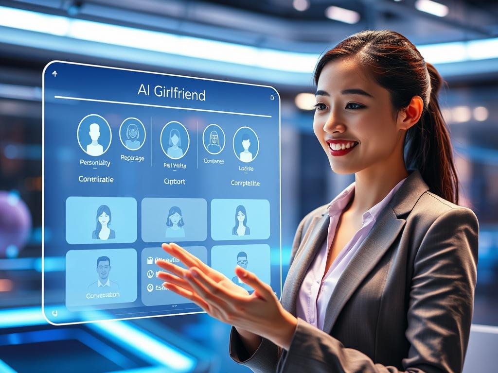 A futuristic digital landscape featuring a sleek, user-friendly interface representing the Vidqu AI Girlfriend platform. In the foreground, a professional woman in smart casual attire interacts with a holographic display showcasing various personality traits and customization options. Her expression reflects curiosity and engagement. The middle layer includes stylized icons that symbolize features like conversation and compatibility, elegantly floating around her. In the background, a softly lit, modern tech environment enhances the ambiance with subtle blue and purple hues, suggesting an innovative atmosphere. The lighting is bright yet warm, creating an inviting feel. The scene conveys a sense of exploration and advanced technology, perfect for illustrating the notion of AI companionship.