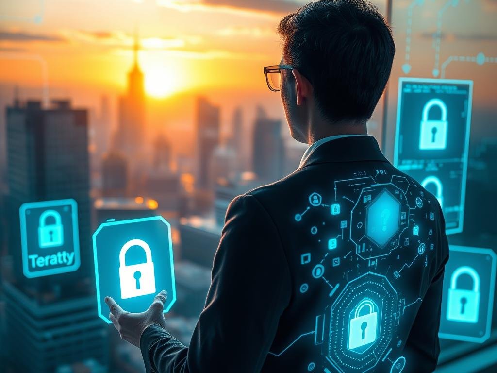 A futuristic digital landscape illustrating the concept of "Privacy and Data Concerns in Virtual Companionship." In the foreground, a person in professional attire interacts with a holographic AI companion, showcasing a glowing interface with data privacy symbols. The middle ground features a city skyline with high-tech buildings and transparent screens displaying data flows and security locks. In the background, a sunset casts a warm, golden light, creating a contrast with the cool blues of technology. The mood is contemplative, suggesting the dual nature of companionship and privacy in a digital age. Capture this scene with a wide-angle lens, emphasizing the connection between the user and the AI from a slightly elevated angle for depth, while maintaining a clear focus on the interaction and surrounding data elements related to the app "sexlove.ai."