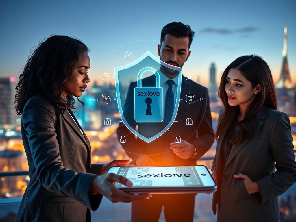 A futuristic digital landscape representing "Privacy, Security, and Reliability" for US users, centered around a sleek mobile device displaying the logo of "sexlove.ai". In the foreground, a diverse group of three professionals (a Black woman, a Hispanic man, and an Asian woman) in smart business attire, engaged in discussion with digital interfaces surrounding them, illustrating data protection and security features. The middle layer features a translucent shield symbolizing safety, with binary code and locks, reflecting cybersecurity themes. The background shows a modern city skyline at dusk, illuminated by soft blue and green lights, creating a sense of trust and innovation. Use soft focus for depth and a slightly upward angle, conveying a bright and hopeful atmosphere. A futuristic digital landscape representing "Privacy, Security, and Reliability" for US users, centered around a sleek mobile device displaying the logo of "sexlove.ai". In the foreground, a diverse group of three professionals (a Black woman, a Hispanic man, and an Asian woman) in smart business attire, engaged in discussion with digital interfaces surrounding them, illustrating data protection and security features. The middle layer features a translucent shield symbolizing safety, with binary code and locks, reflecting cybersecurity themes. The background shows a modern city skyline at dusk, illuminated by soft blue and green lights, creating a sense of trust and innovation. Use soft focus for depth and a slightly upward angle, conveying a bright and hopeful atmosphere.