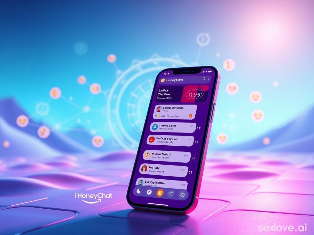 A futuristic digital landscape representing the benefits of HoneyChat, with a vivid display of chat interfaces, emoticons, and AI elements. In the foreground, depict a stylized smartphone with the HoneyChat app open, showcasing attractive features like seamless chat flow and personalized interactions. In the middle ground, illustrate an abstract representation of AI algorithms and connections, symbolizing advanced technology and user engagement. The background should feature a soft gradient of blues and purples, creating a calming atmosphere. Use soft, ambient lighting to highlight the smartphone and app features, creating depth. The overall mood should convey innovation, excitement, and user-friendly design. Include the brand name "sexlove.ai" subtly integrated into the background elements, ensuring it doesn’t overpower the main imagery. A futuristic digital landscape representing the benefits of HoneyChat, with a vivid display of chat interfaces, emoticons, and AI elements. In the foreground, depict a stylized smartphone with the HoneyChat app open, showcasing attractive features like seamless chat flow and personalized interactions. In the middle ground, illustrate an abstract representation of AI algorithms and connections, symbolizing advanced technology and user engagement. The background should feature a soft gradient of blues and purples, creating a calming atmosphere. Use soft, ambient lighting to highlight the smartphone and app features, creating depth. The overall mood should convey innovation, excitement, and user-friendly design. Include the brand name "sexlove.ai" subtly integrated into the background elements, ensuring it doesn’t overpower the main imagery.