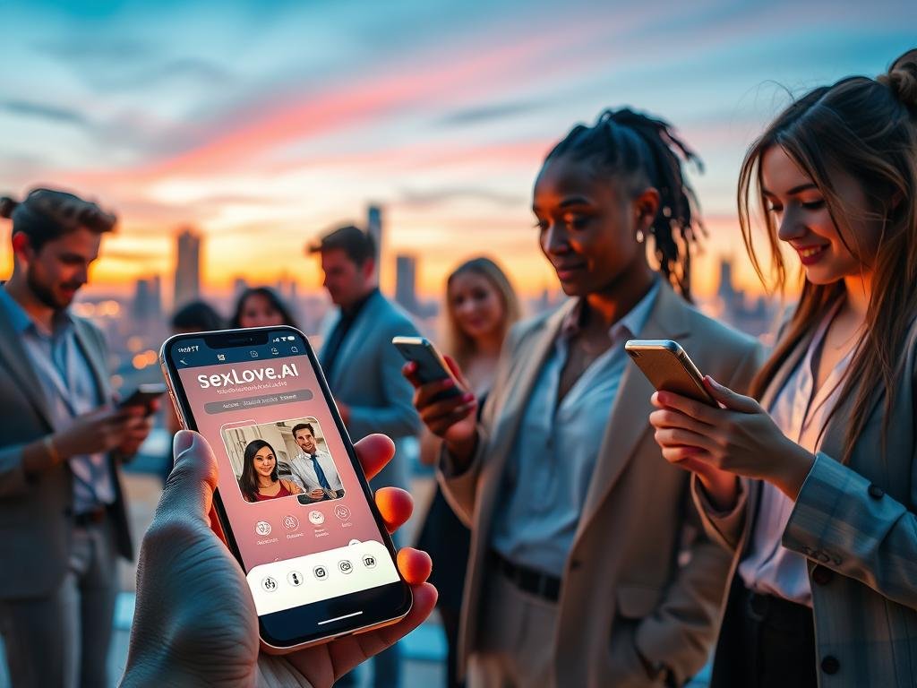 A futuristic digital landscape showcasing the benefits of the AI girlfriend app "sexlove.ai". In the foreground, a sleek, modern interface of the app on a user-friendly smartphone, glowing softly in a warm light. The middle ground features a diverse group of individuals interacting with their devices, portraying moments of connection and happiness. Each person is dressed in smart casual attire, emphasizing approachability. The background includes a vibrant city skyline at dusk, with soft pastel colors in the sky, representing hope and innovation. Warm, inviting lighting enhances the atmosphere, creating a feeling of excitement and possibility about AI companionship. The scene is vibrant yet professional, showcasing both technology and human interaction harmoniously. A futuristic digital landscape showcasing the benefits of the AI girlfriend app "sexlove.ai". In the foreground, a sleek, modern interface of the app on a user-friendly smartphone, glowing softly in a warm light. The middle ground features a diverse group of individuals interacting with their devices, portraying moments of connection and happiness. Each person is dressed in smart casual attire, emphasizing approachability. The background includes a vibrant city skyline at dusk, with soft pastel colors in the sky, representing hope and innovation. Warm, inviting lighting enhances the atmosphere, creating a feeling of excitement and possibility about AI companionship. The scene is vibrant yet professional, showcasing both technology and human interaction harmoniously.