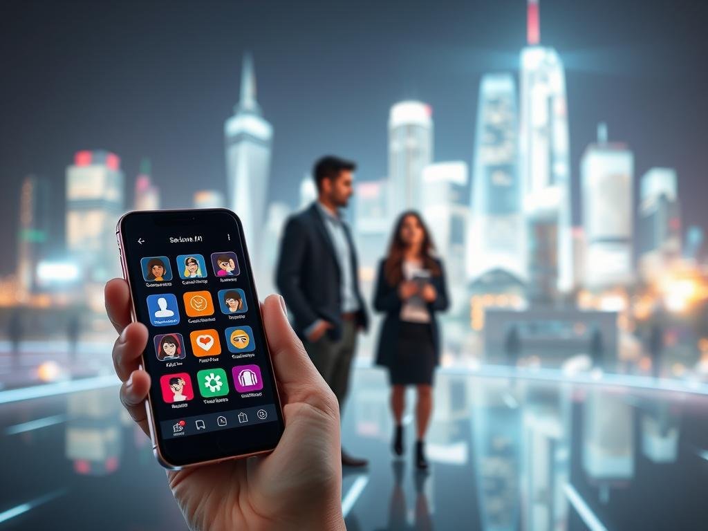 A futuristic digital landscape showcasing the features of the "sexlove.ai" girlfriend app. In the foreground, a sleek smartphone displays an interactive interface filled with colorful icons representing various app features like chat, customization, and virtual dates. In the middle ground, a pair of diverse users&mdash;one male and one female&mdash;are engaged in a lively conversation, both dressed in modern, professional attire, highlighting the inclusive nature of the app. The background features a glowing virtual cityscape, symbolizing the high-tech environment. Soft, ambient lighting creates a warm and inviting atmosphere, while a slight bokeh effect adds depth. Capture this scene from an angle that emphasizes the connection between users and their digital companions, showcasing the app's innovative essence.