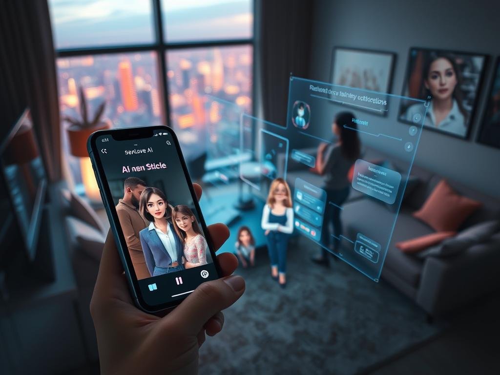 A futuristic digital landscape showcasing the innovative features of AI girlfriend apps. In the foreground, a stylish smartphone displaying a sophisticated interface of the app "sexlove.ai," featuring realistic virtual avatars designed to look friendly and approachable, dressed in smart casual attire. The middle layer depicts users interacting with holographic displays that illustrate emotional responses, customization options, and AI conversations, set against a modern living room backdrop with soft, ambient lighting. The background features a window revealing a vibrant cityscape, suggesting a blend of technology and everyday life. The mood is engaging and optimistic, emphasizing the connection between users and AI companions. Use a high-angle perspective with crisp details, focusing on the interplay of light and shadow to enhance the futuristic atmosphere.